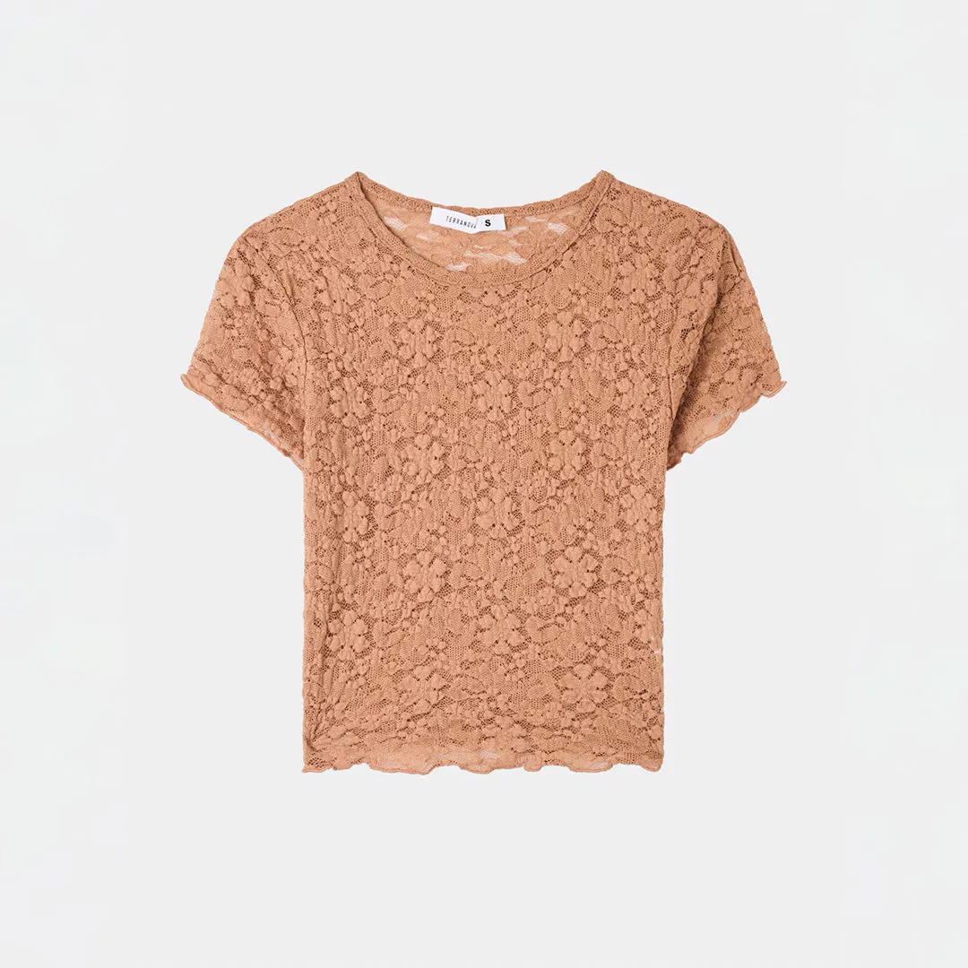 Crew Neck Short Sleeve Cropped Lace T-Shirt