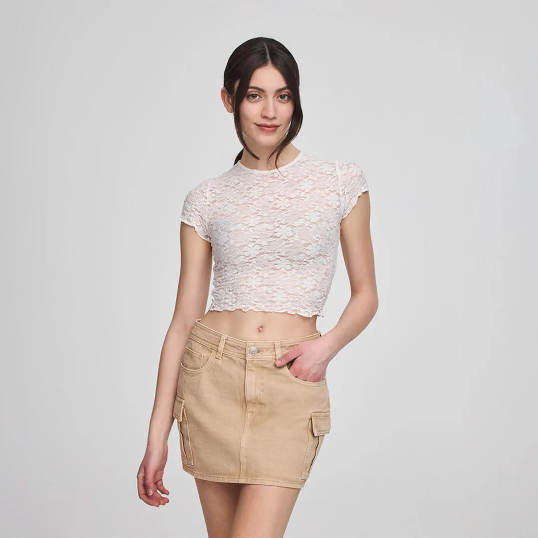 Crew Neck Short Sleeve Cropped Lace T-Shirt