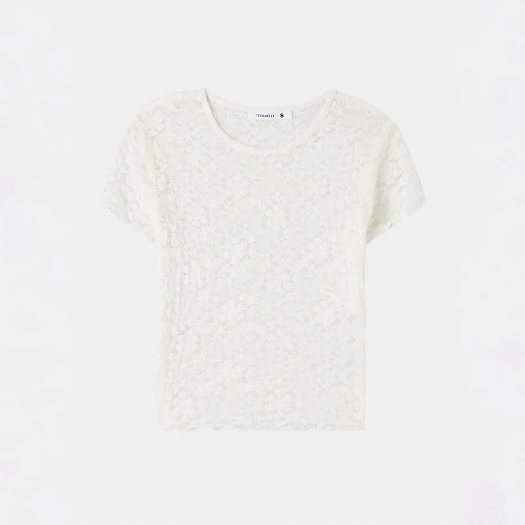 Crew Neck Short Sleeve Cropped Lace T-Shirt