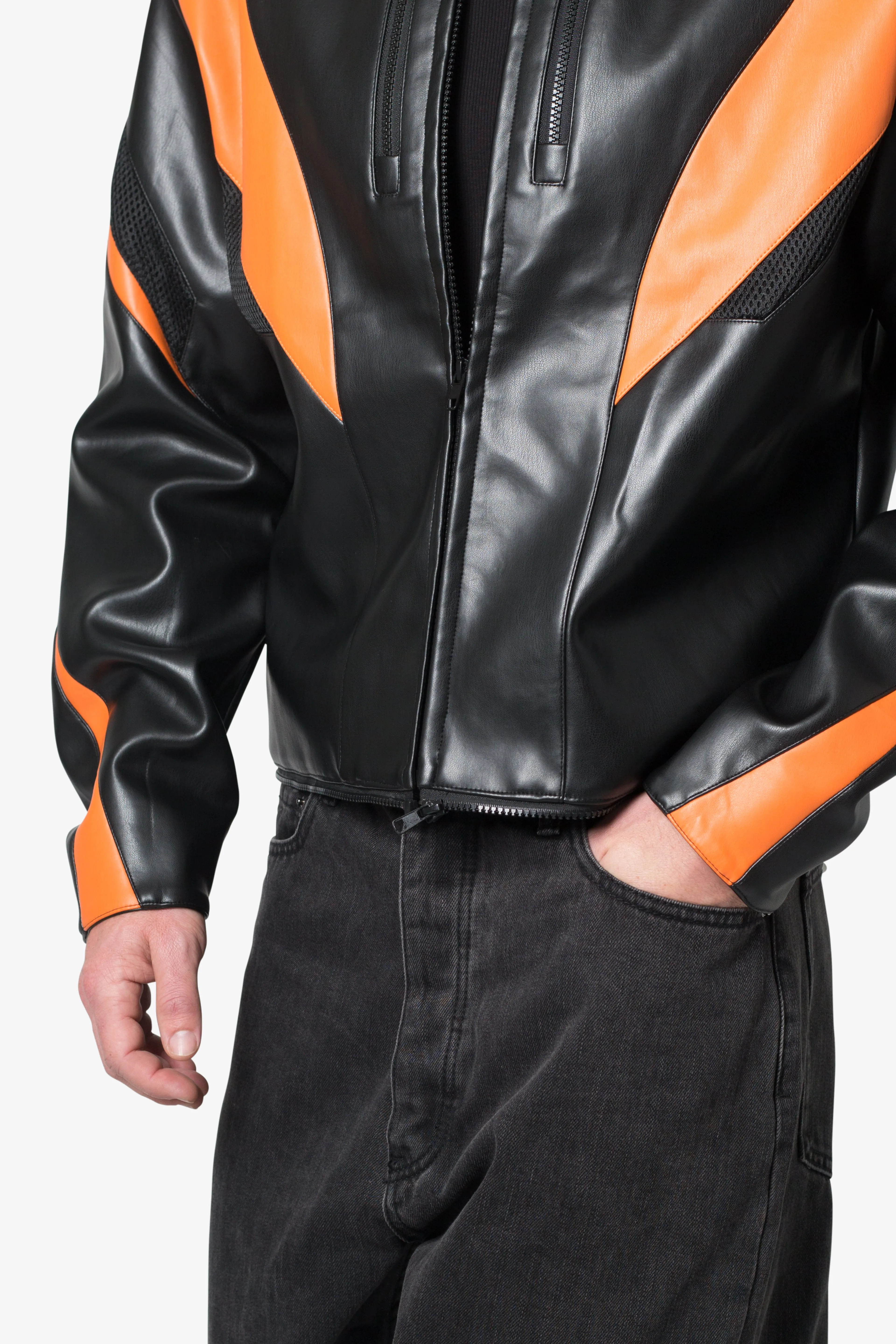 Cropped Leather Race Jacket - Black/Orange