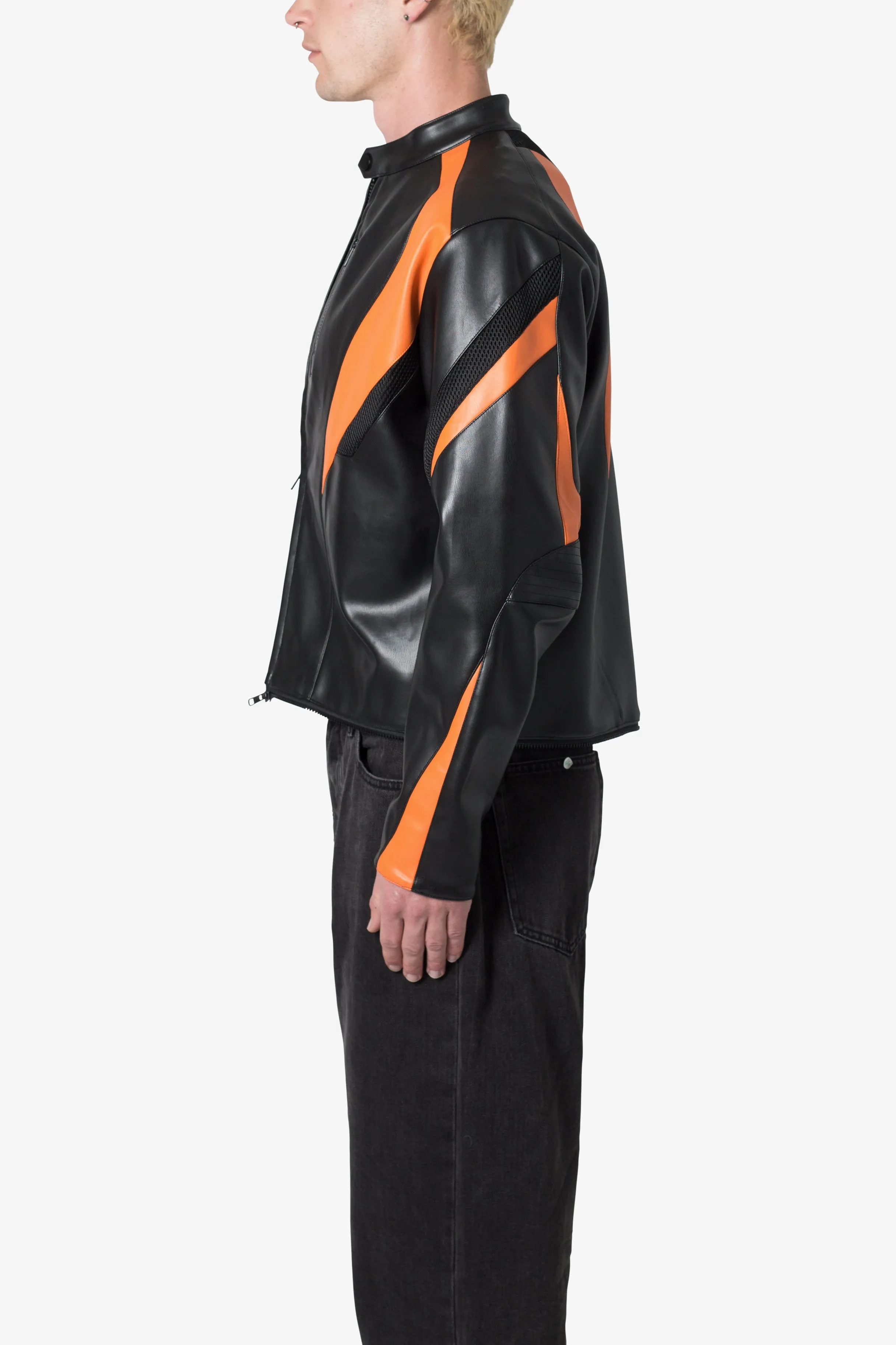 Cropped Leather Race Jacket - Black/Orange