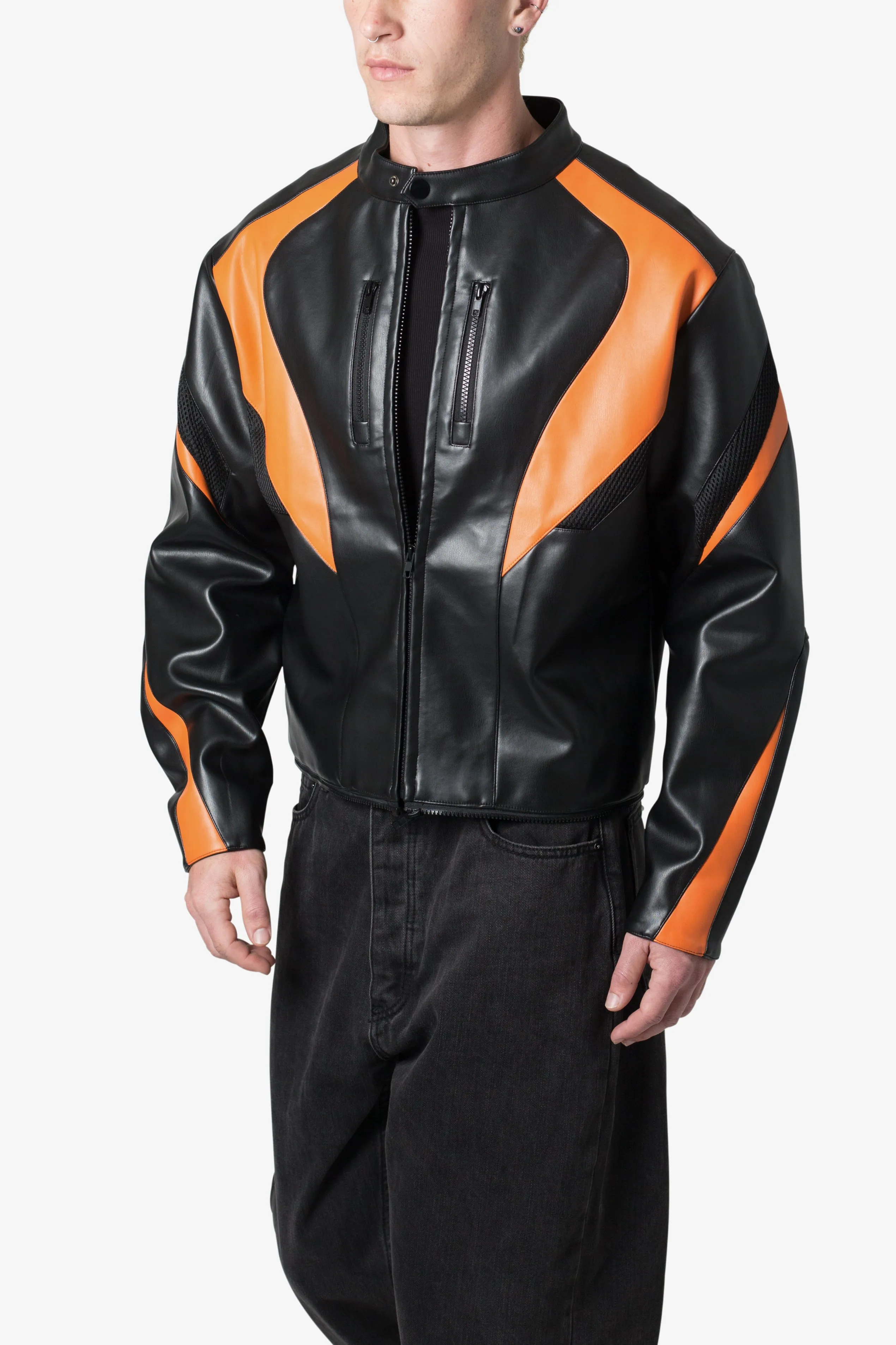 Cropped Leather Race Jacket - Black/Orange