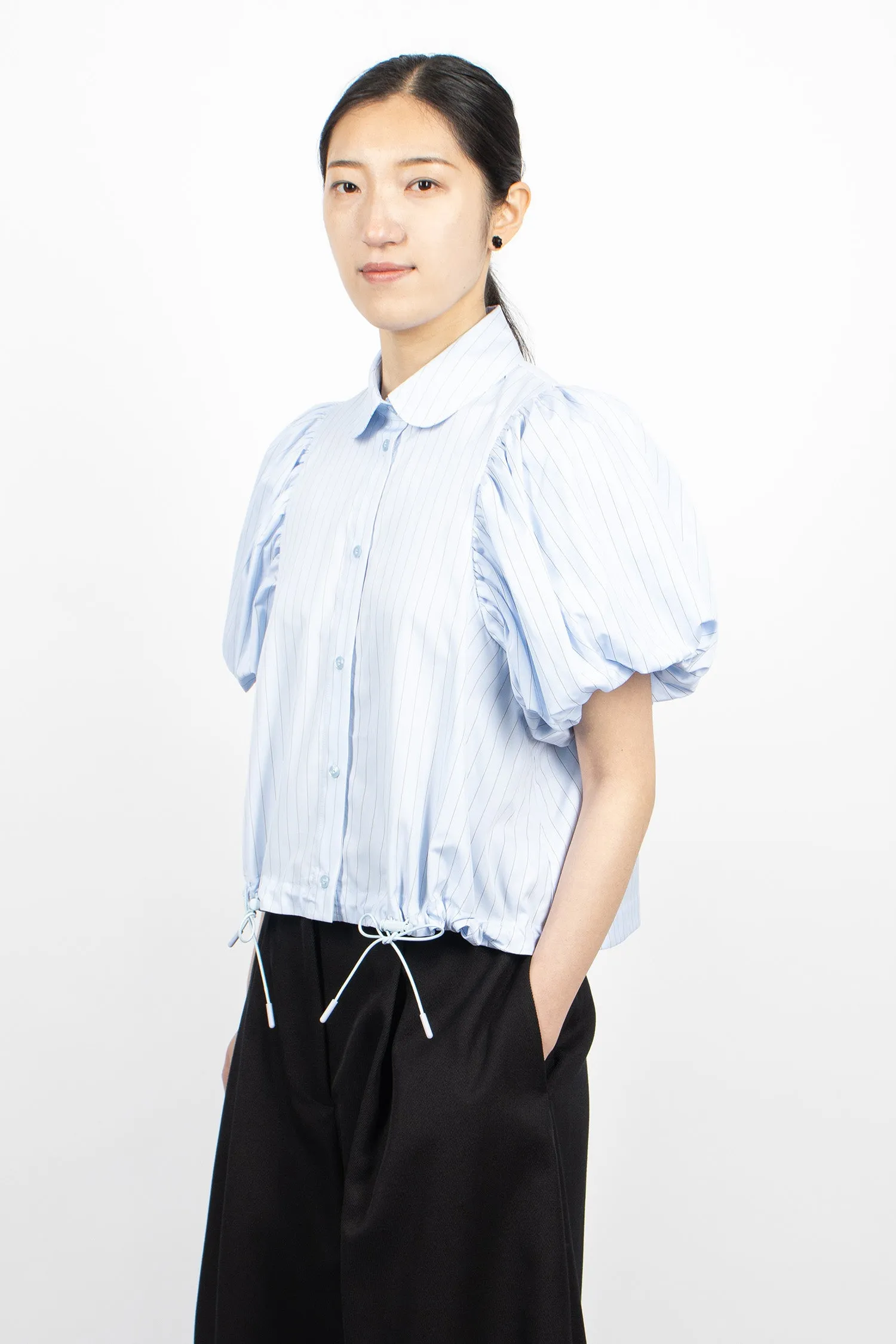 Cropped Toggle Puff Sleeve Shirt Blue