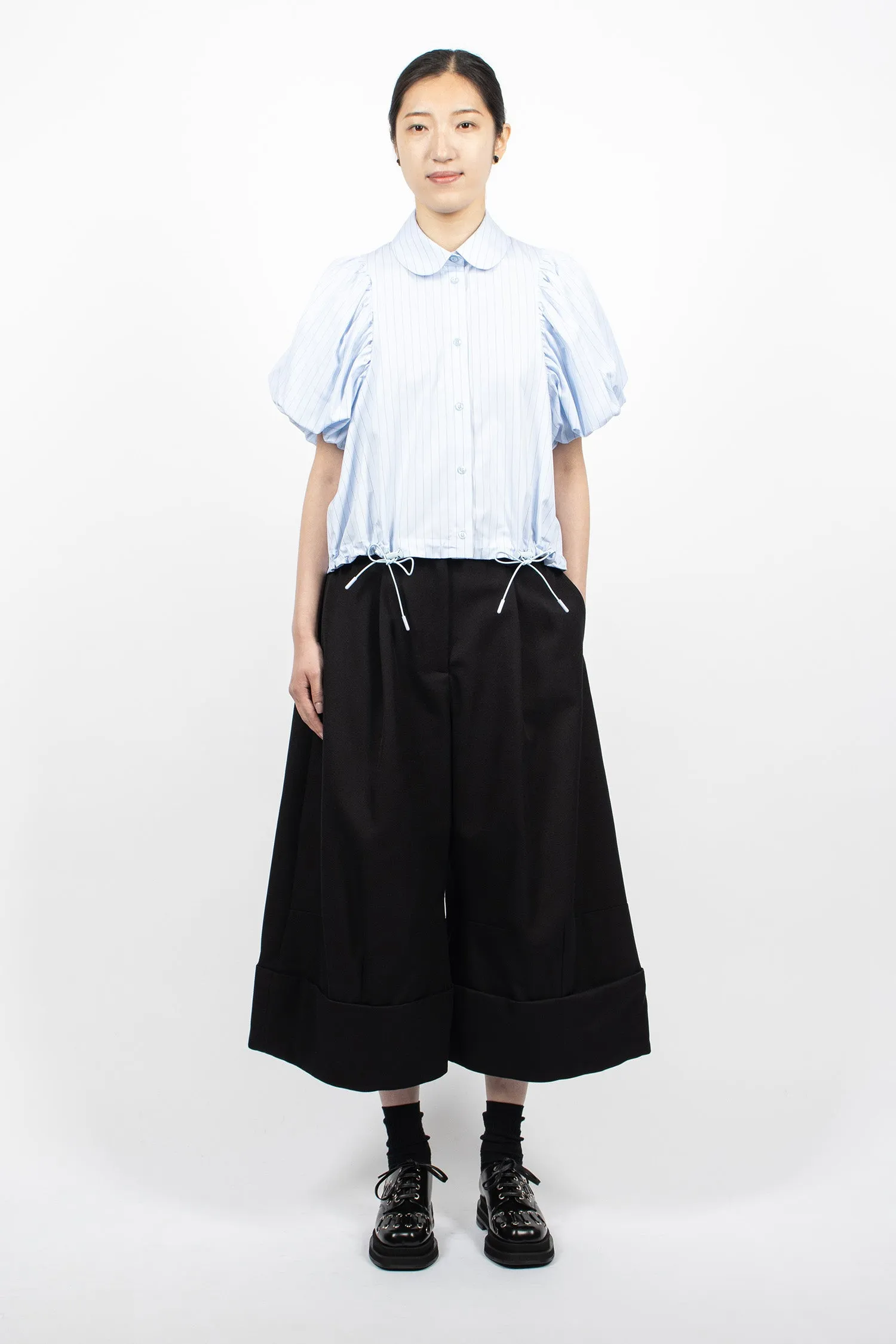 Cropped Toggle Puff Sleeve Shirt Blue