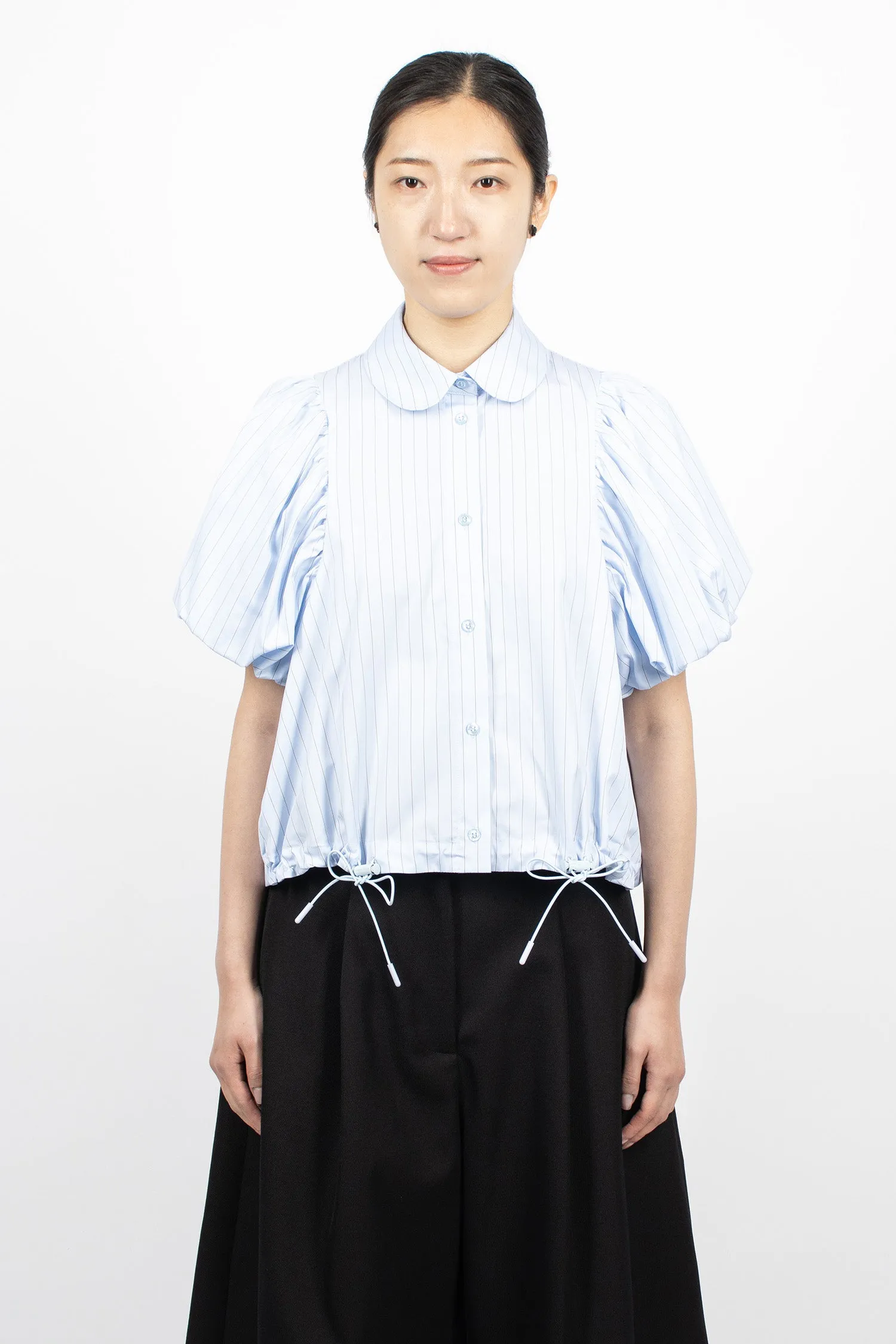 Cropped Toggle Puff Sleeve Shirt Blue