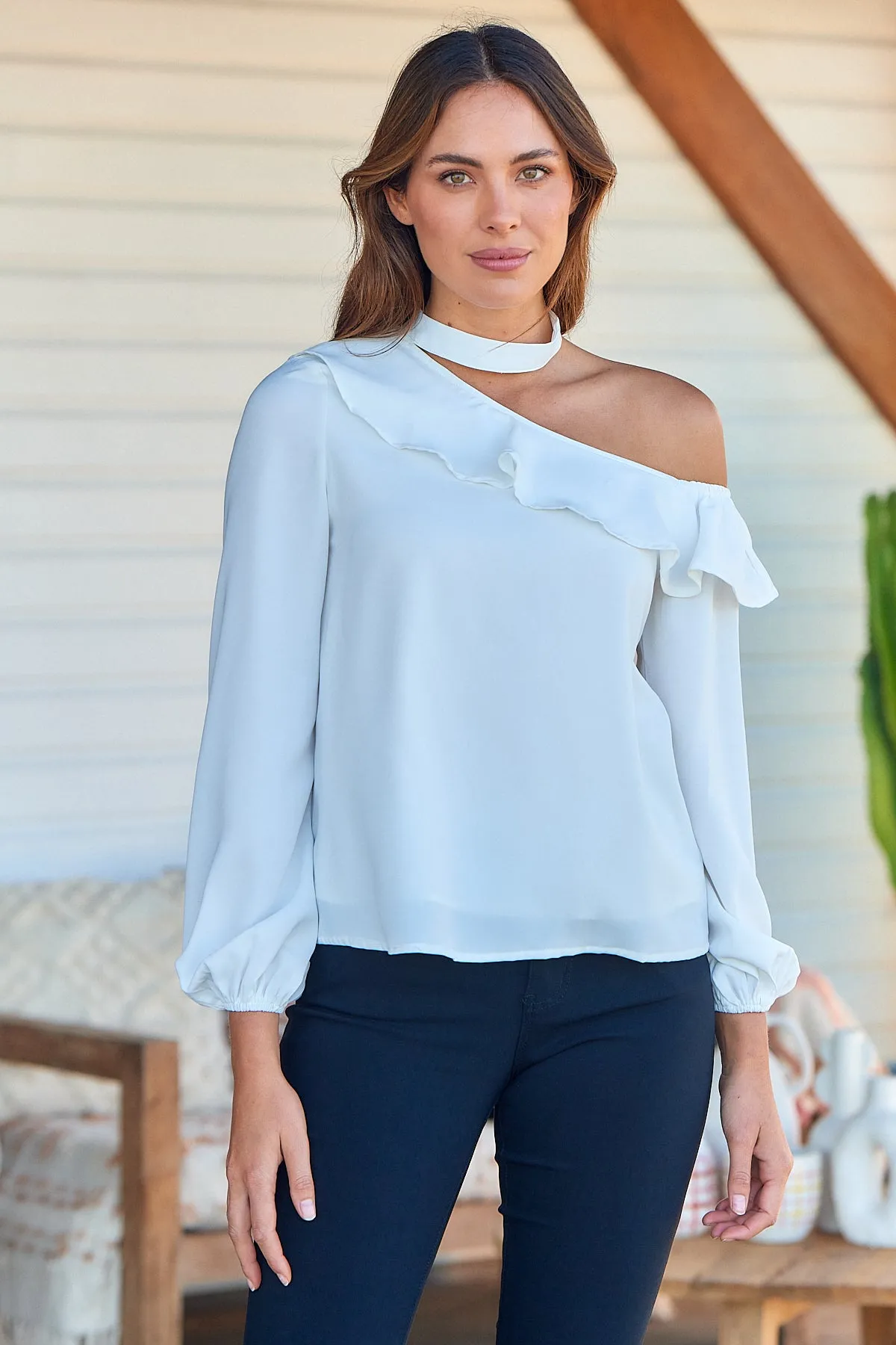 Dakota One Shoulder Frill White Top