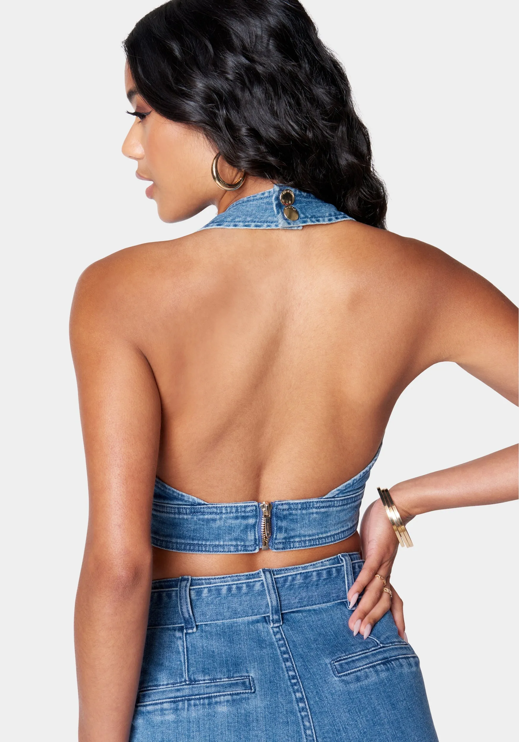 Deep V Neck Cropped Halter Denim Top