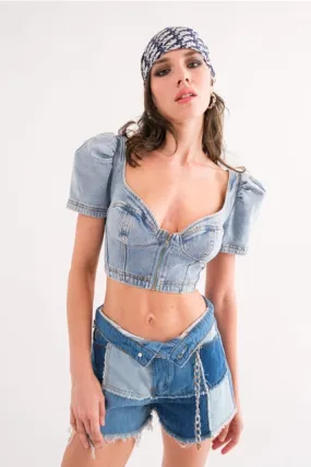 Denim Zipper Front Crop Top