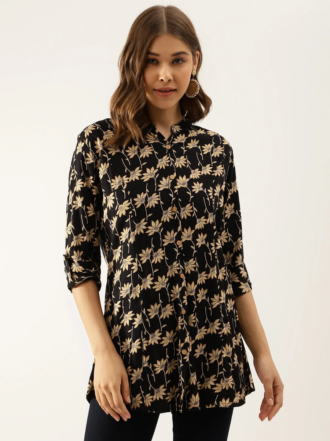 Divena Black Floral Printed Rayon Shirt type Top for Women