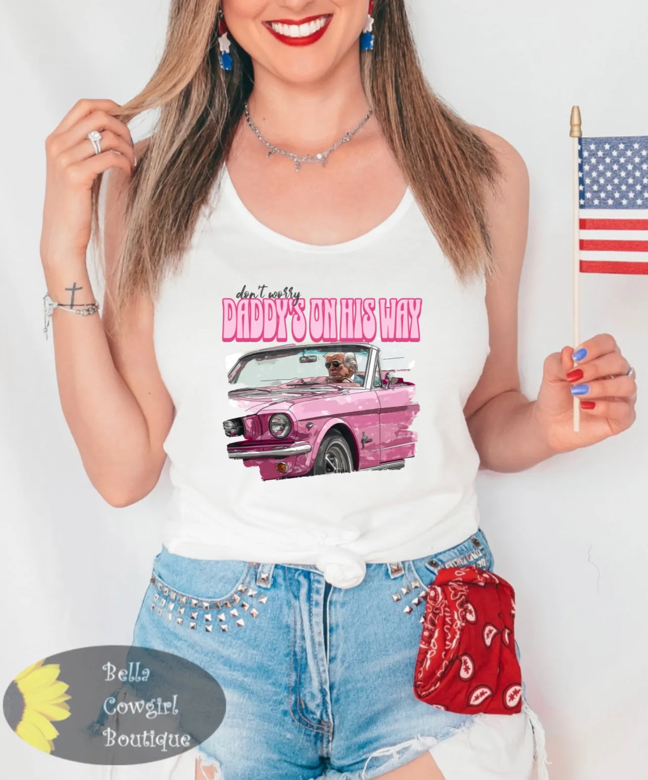 Don't Worry Daddy's On His Way Funny Trump Patriotic Women's Tank Top