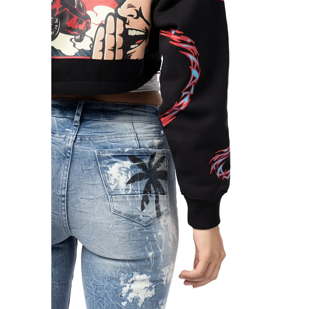 Drop Shoulder Cropped Hoodie - Black