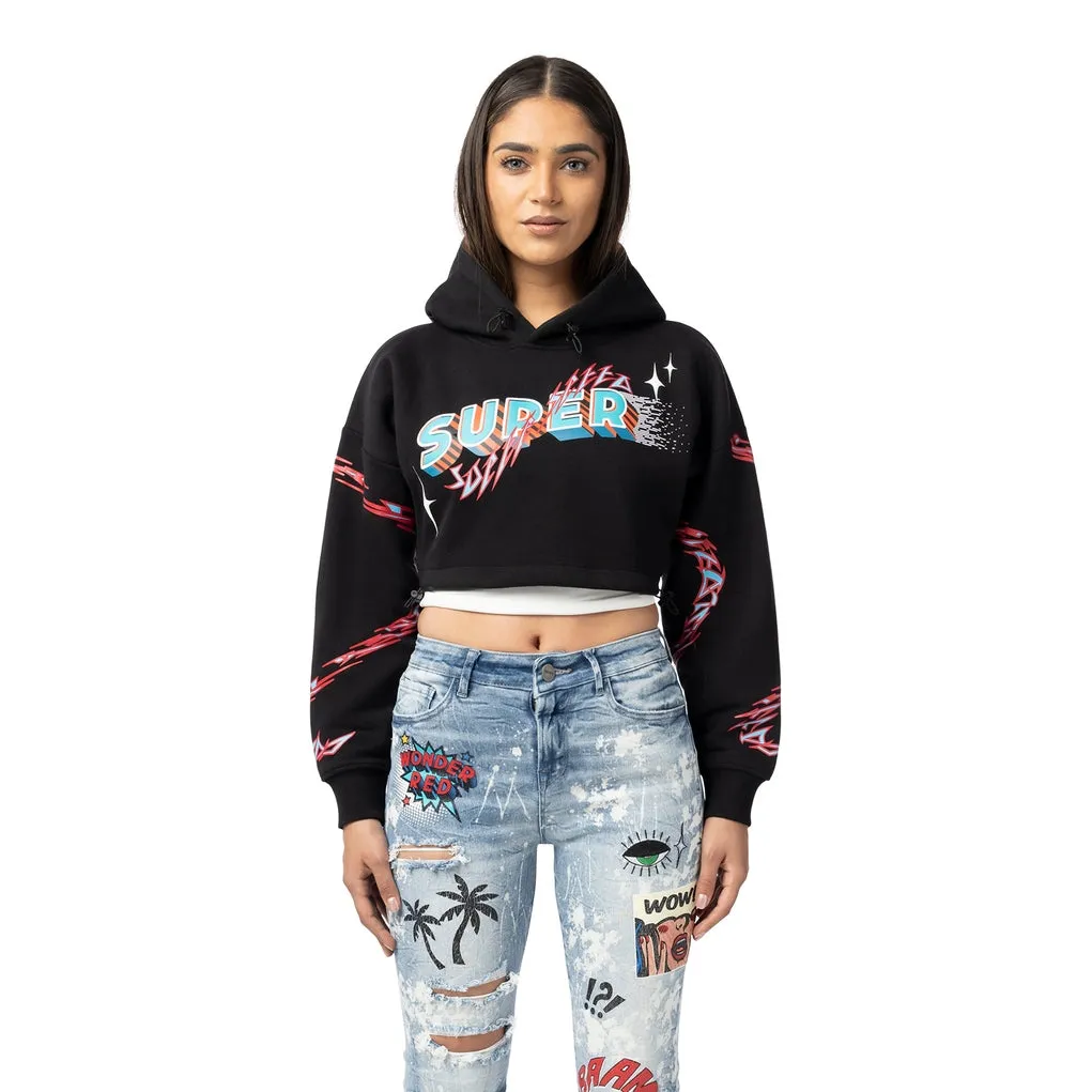 Drop Shoulder Cropped Hoodie - Black