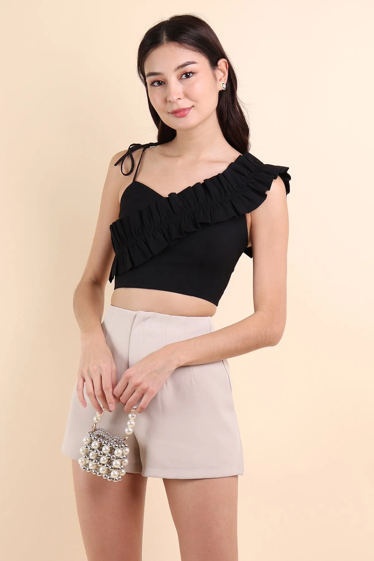 ELIANA RUFFLES SHOULDER TIE TOP IN BLACK