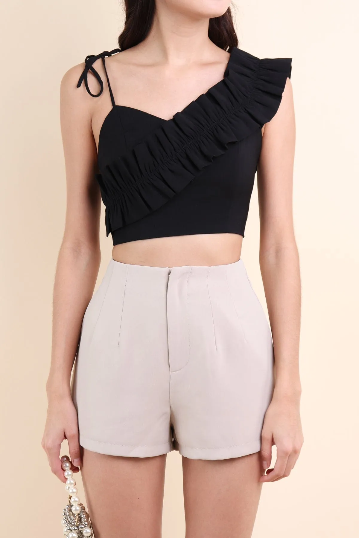 ELIANA RUFFLES SHOULDER TIE TOP IN BLACK