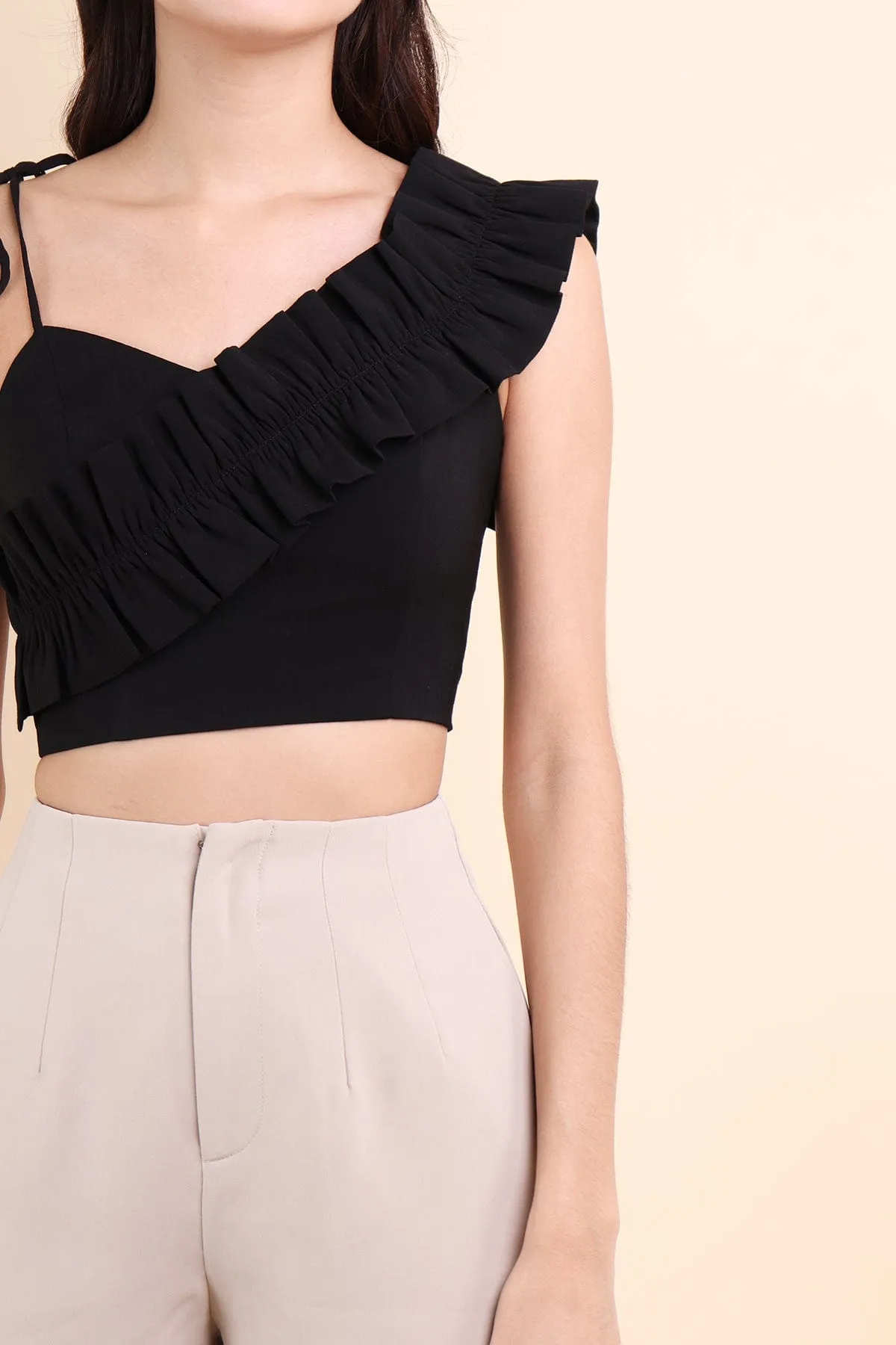 ELIANA RUFFLES SHOULDER TIE TOP IN BLACK