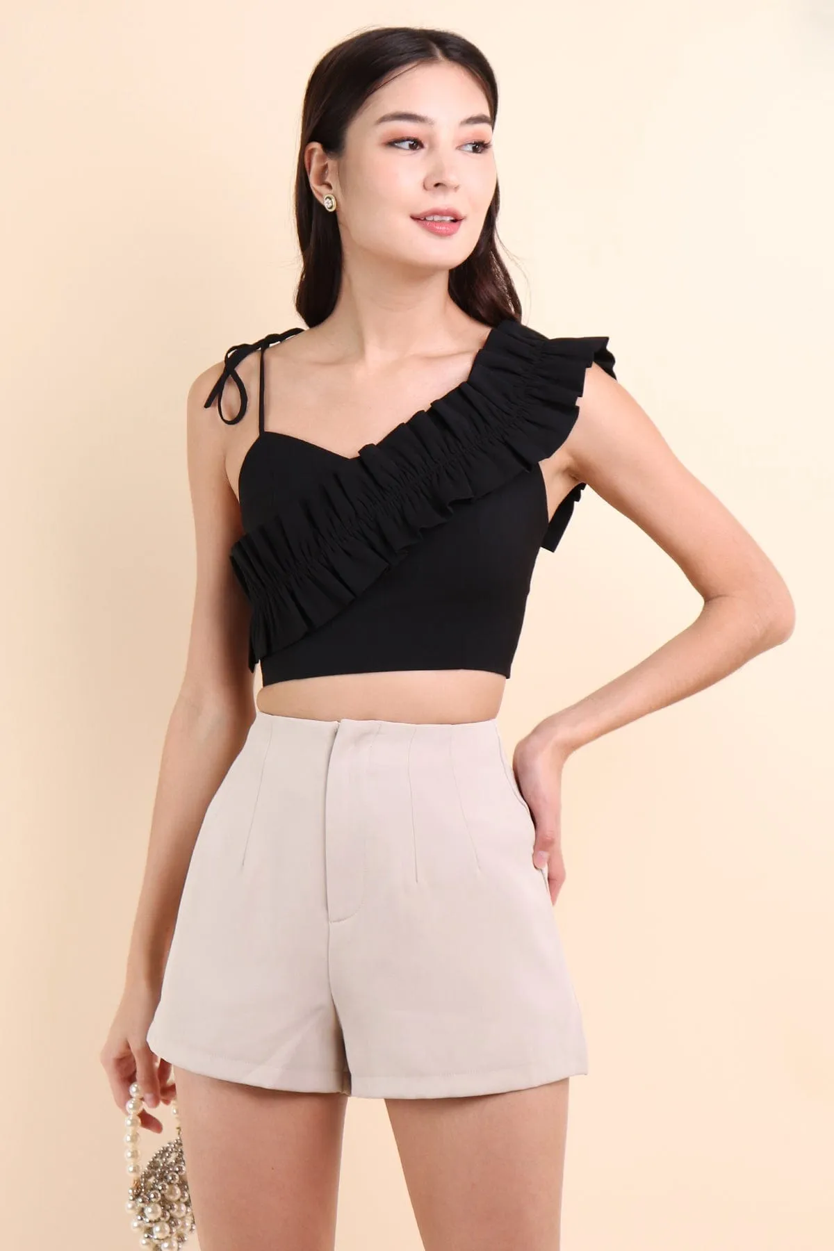 ELIANA RUFFLES SHOULDER TIE TOP IN BLACK