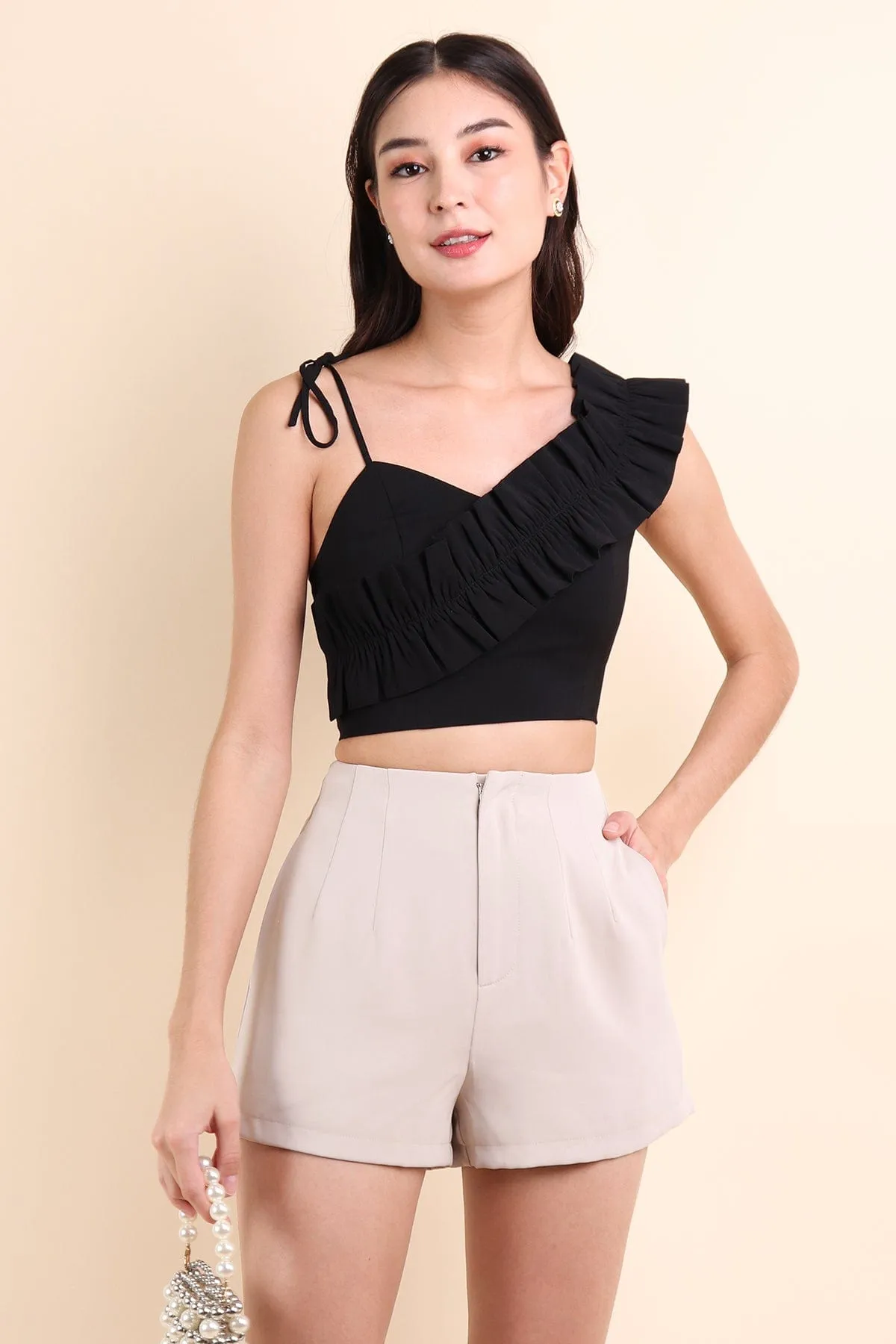 ELIANA RUFFLES SHOULDER TIE TOP IN BLACK