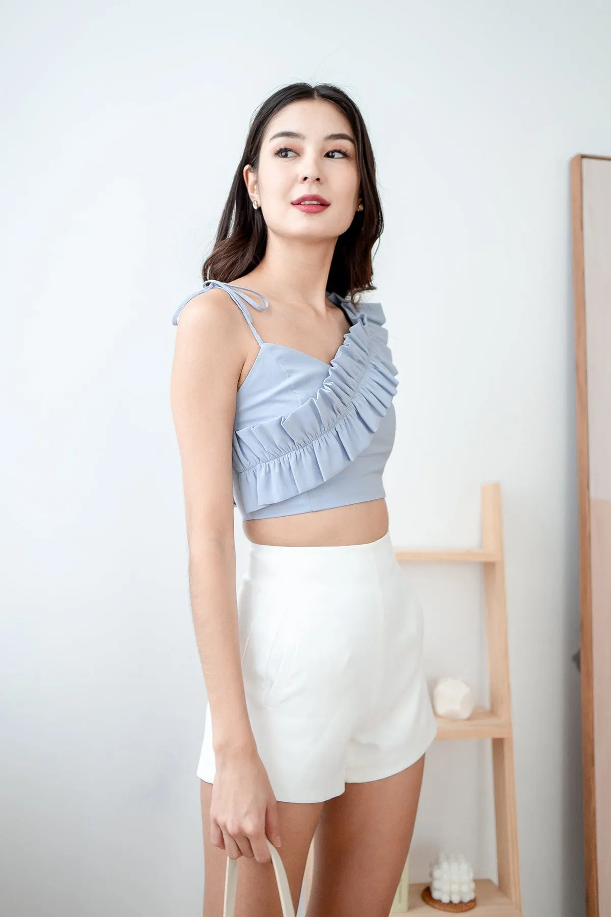 ELIANA RUFFLES SHOULDER TIE TOP IN FROST BLUE