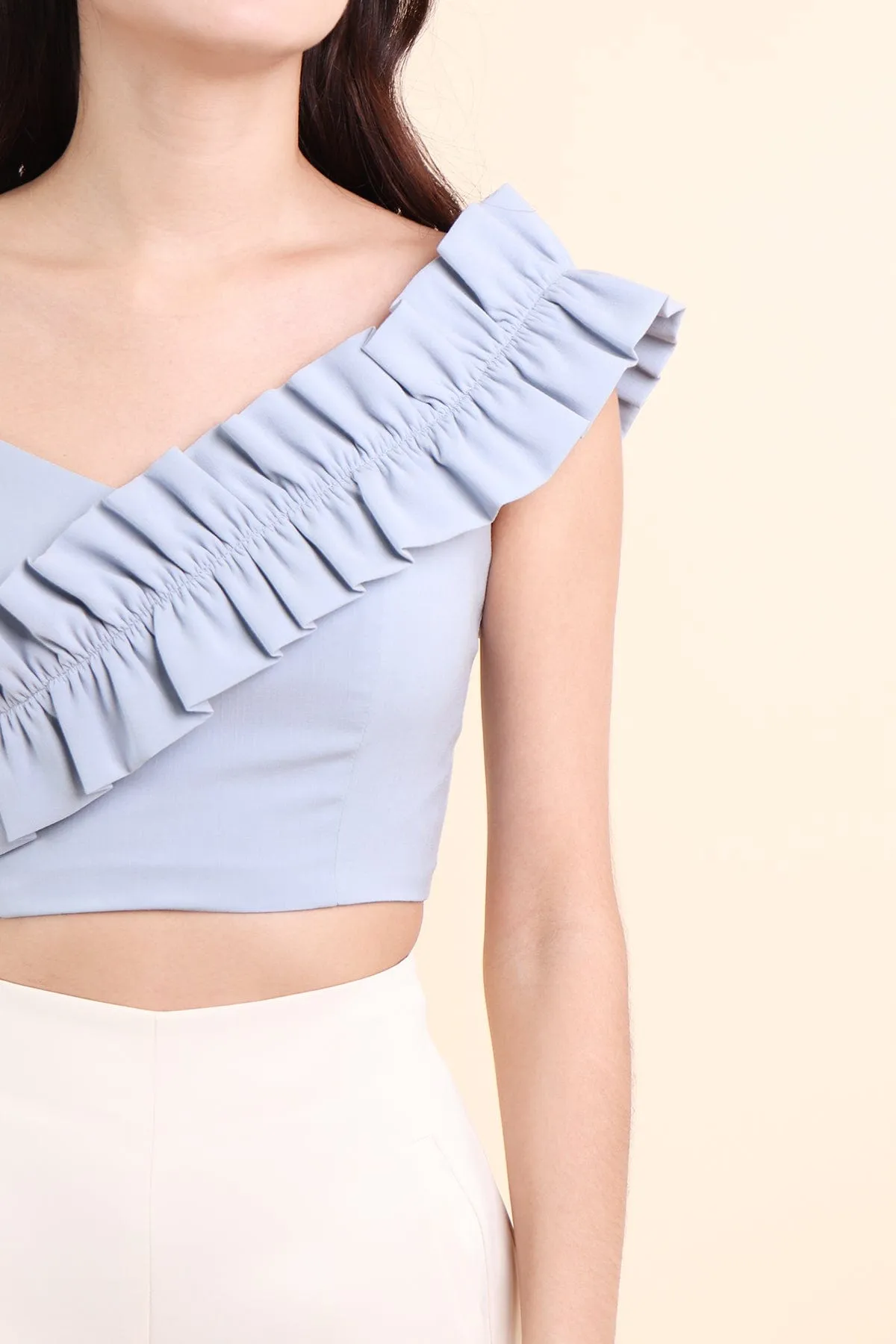 ELIANA RUFFLES SHOULDER TIE TOP IN FROST BLUE