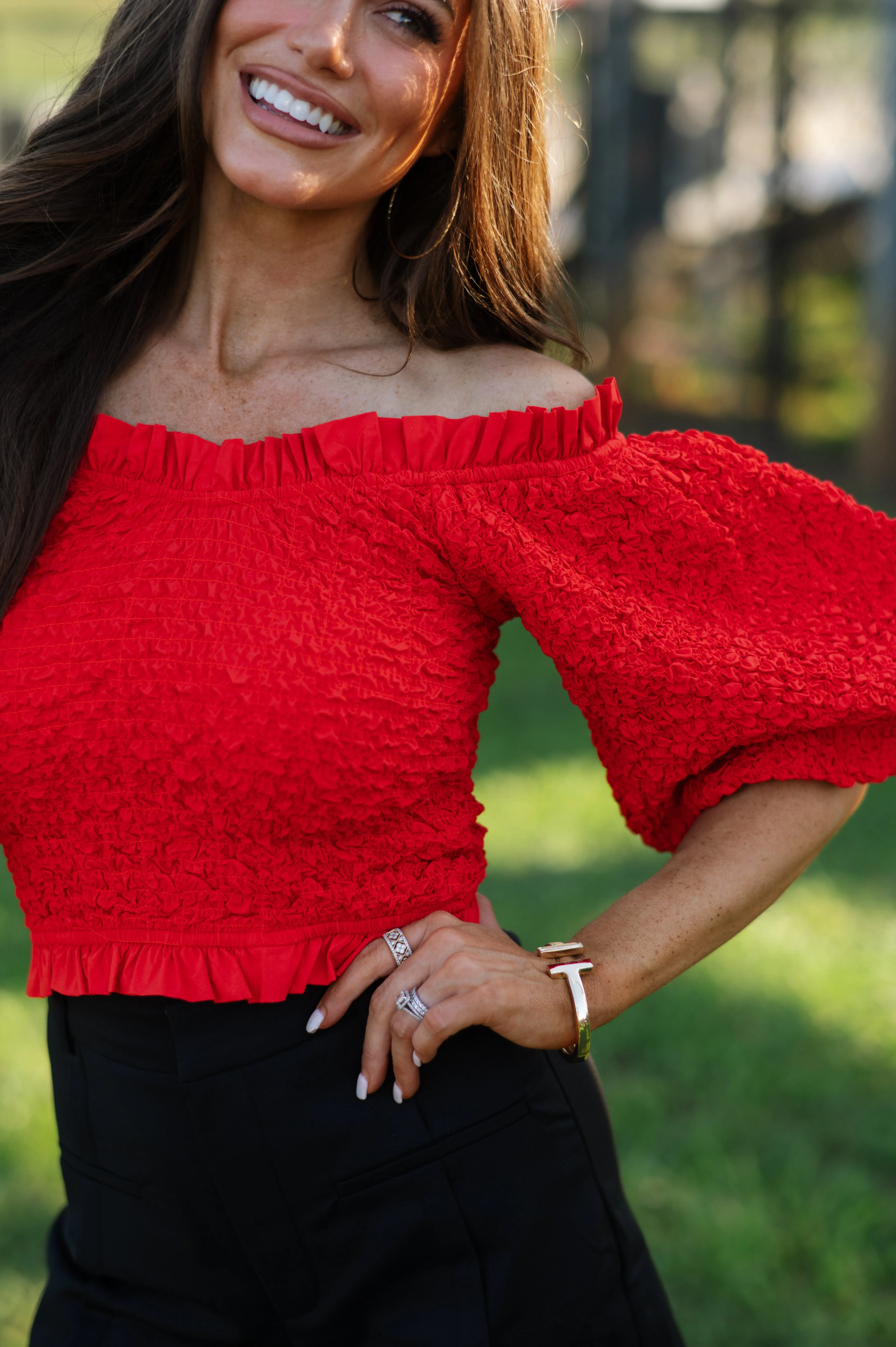 Emmy Puff Sleeve Top-Red