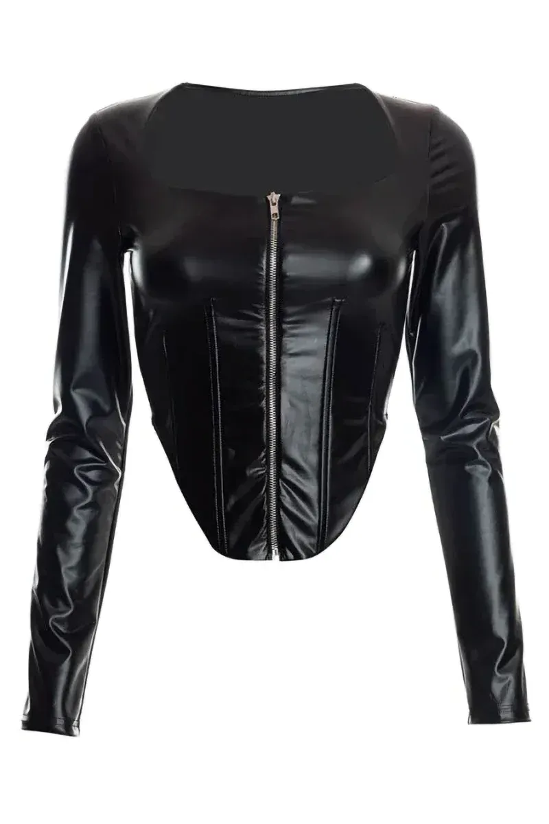 Black Faux Leather Long Sleeve Corset Top - Stylish and Elegant Womens Fashion