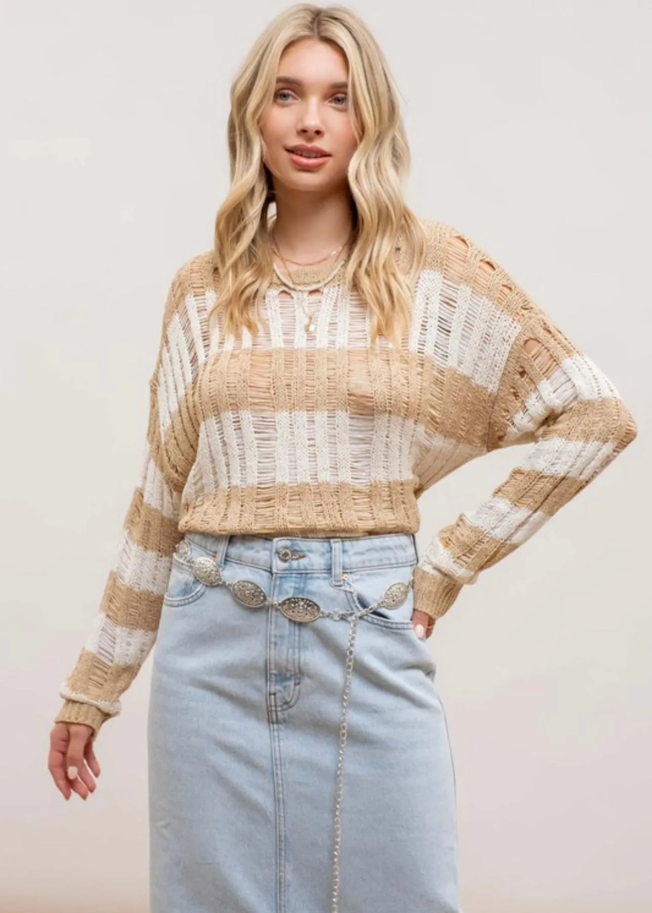 FINAL SALE - Khaki Striped Ladder Open Knit Top