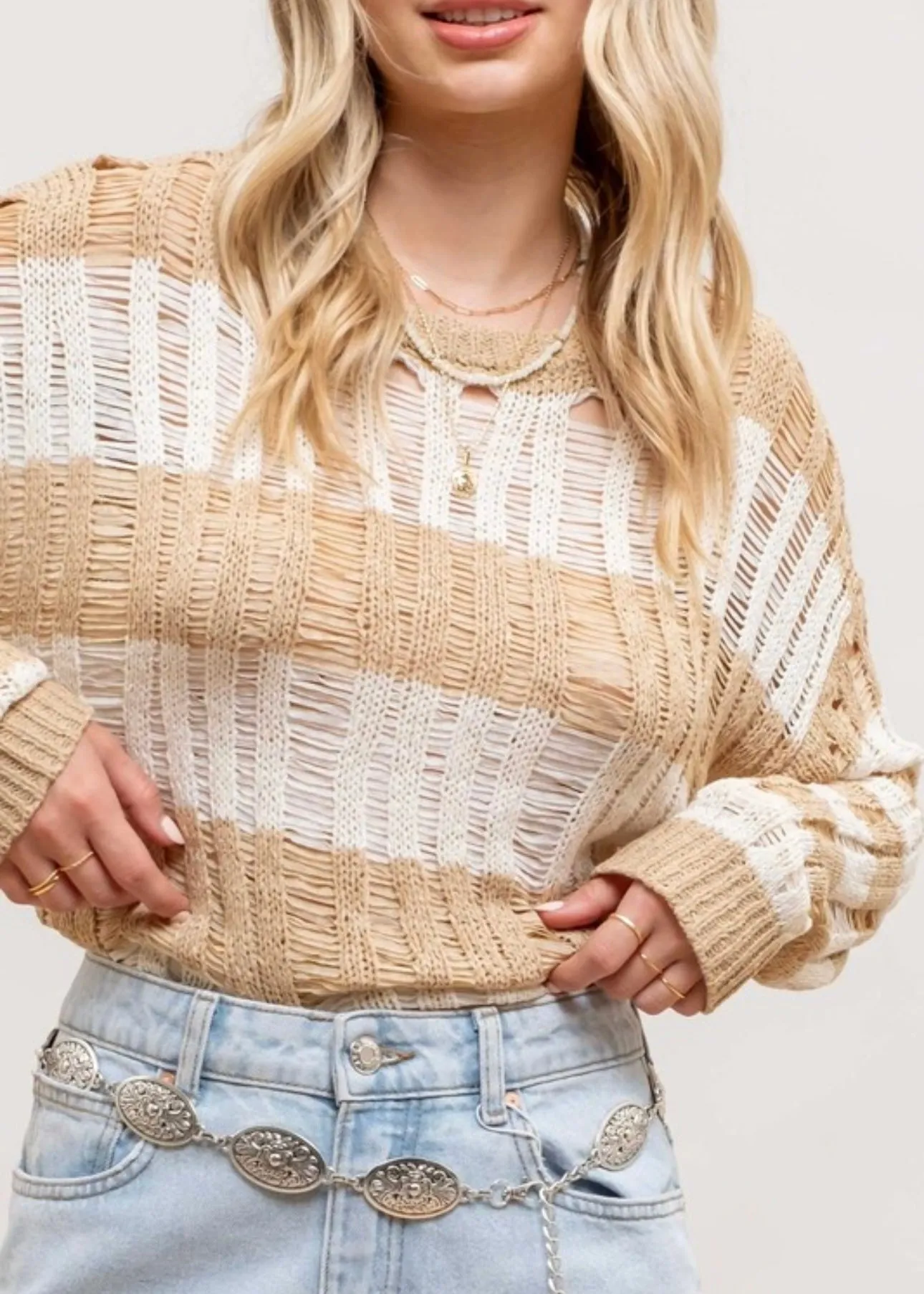 FINAL SALE - Khaki Striped Ladder Open Knit Top