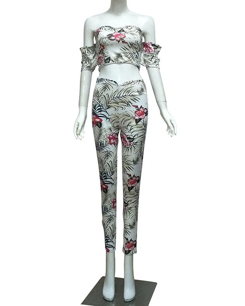 FITTED FLORAL STRAPLESS PANT SET