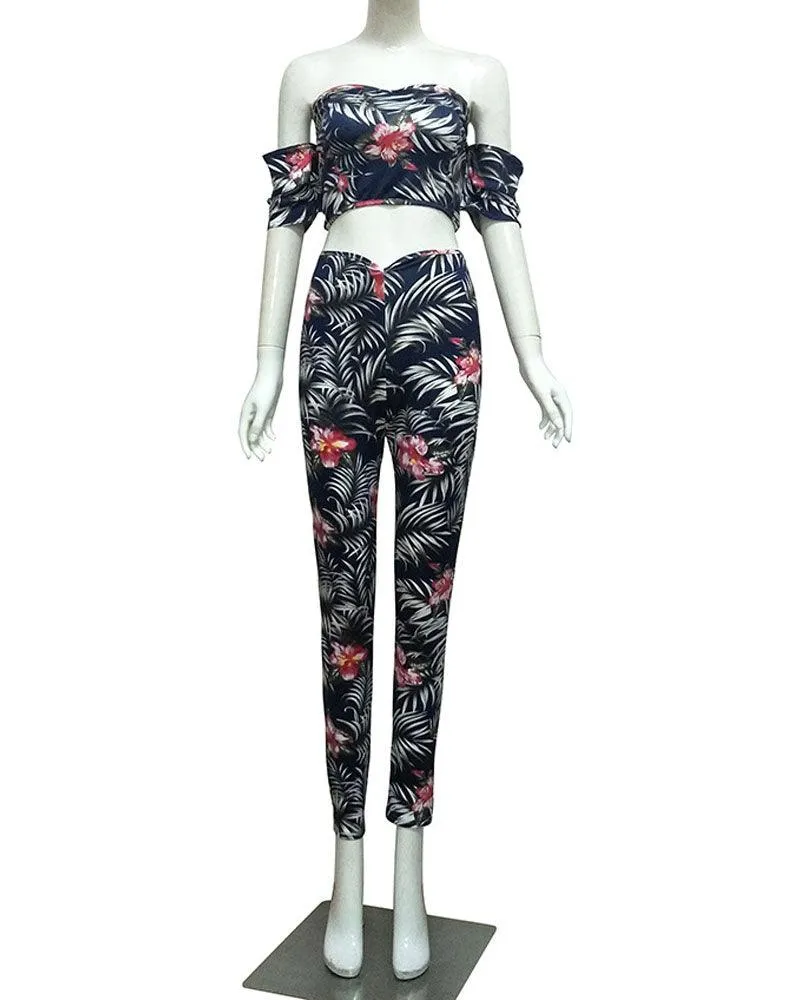 FITTED FLORAL STRAPLESS PANT SET