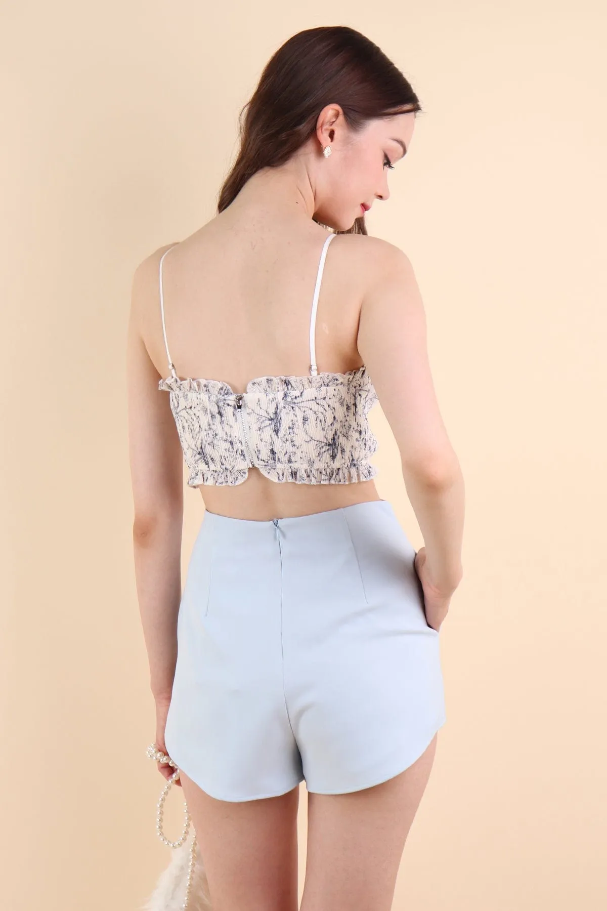 FREESIA FLORAL PLEATED BUSTIER TOP IN PORCELAIN