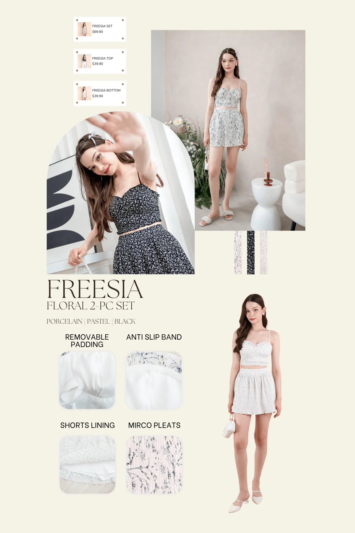 FREESIA FLORAL PLEATED BUSTIER TOP IN PORCELAIN