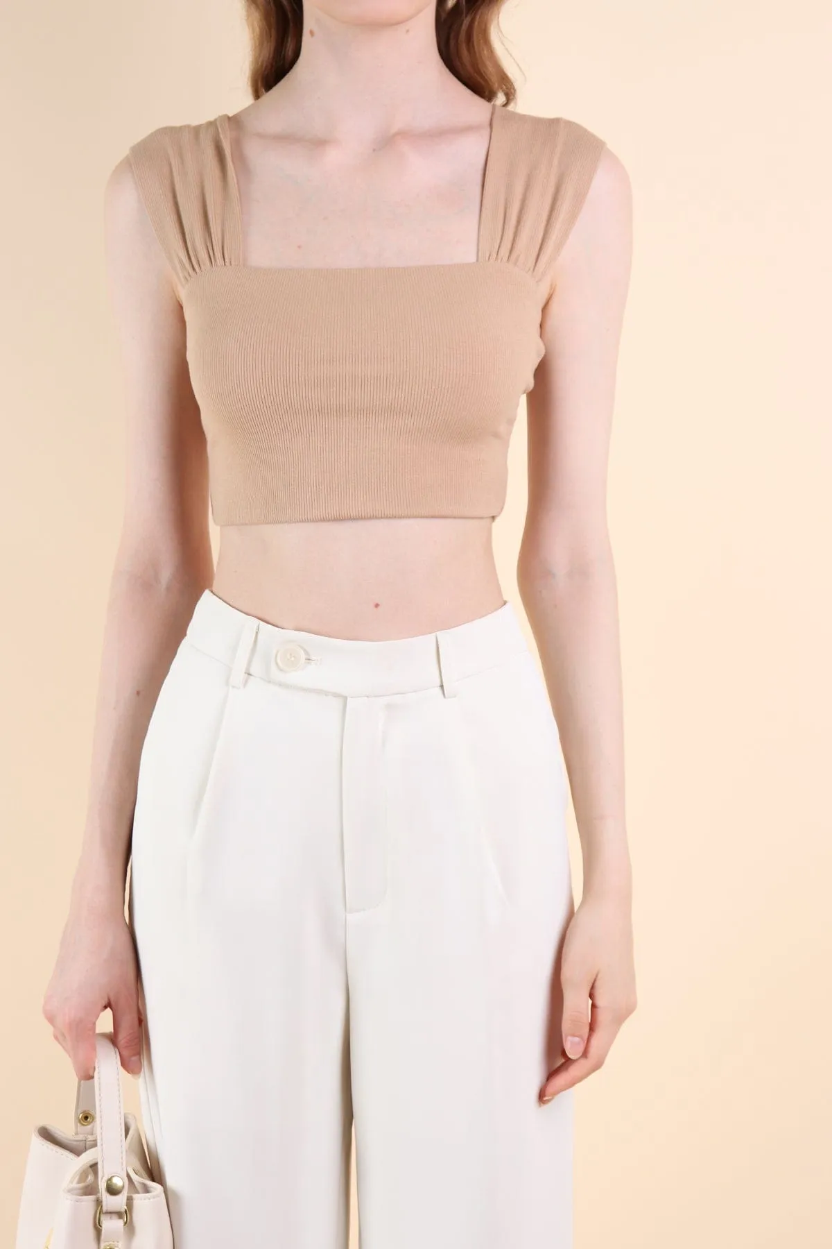 GABE RIBBED CROP TOP IN CAMEL TAUPE