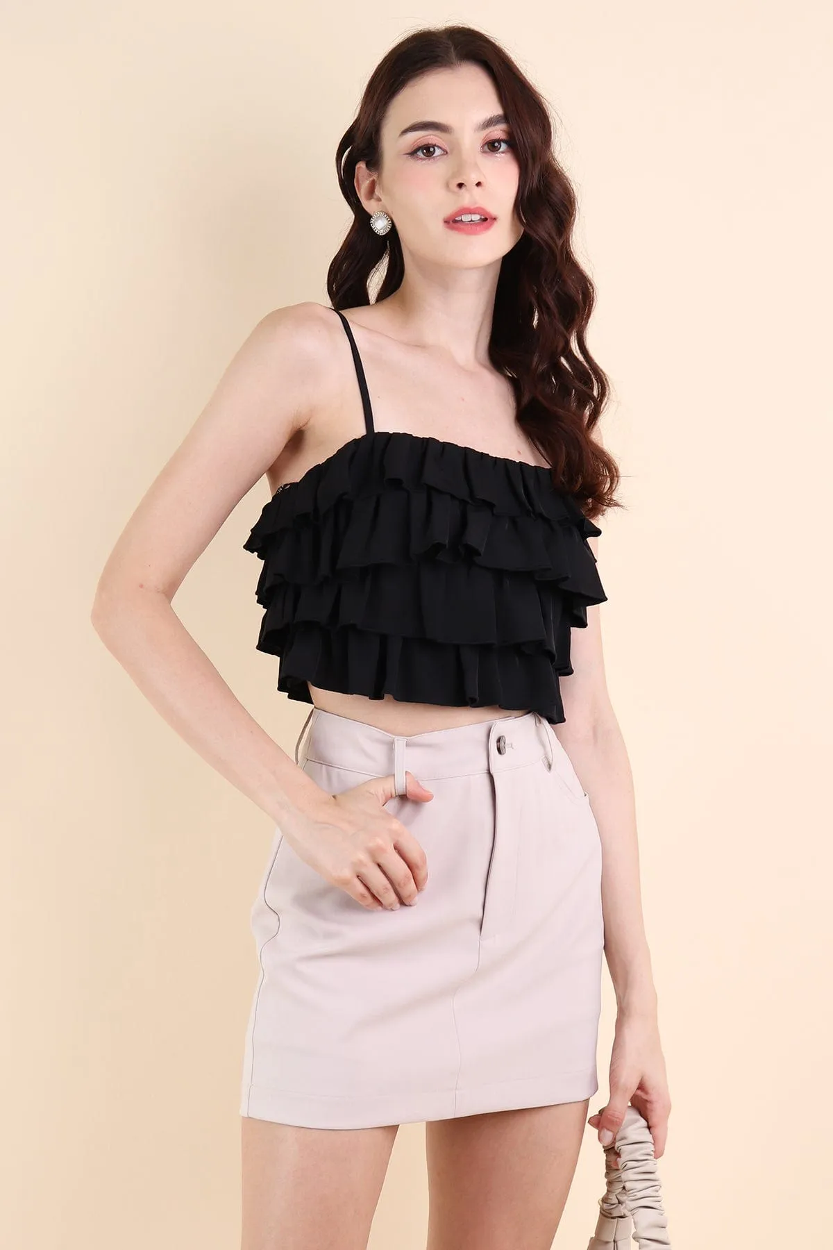 GEORGIA TIER RUFFLE TOP IN BLACK