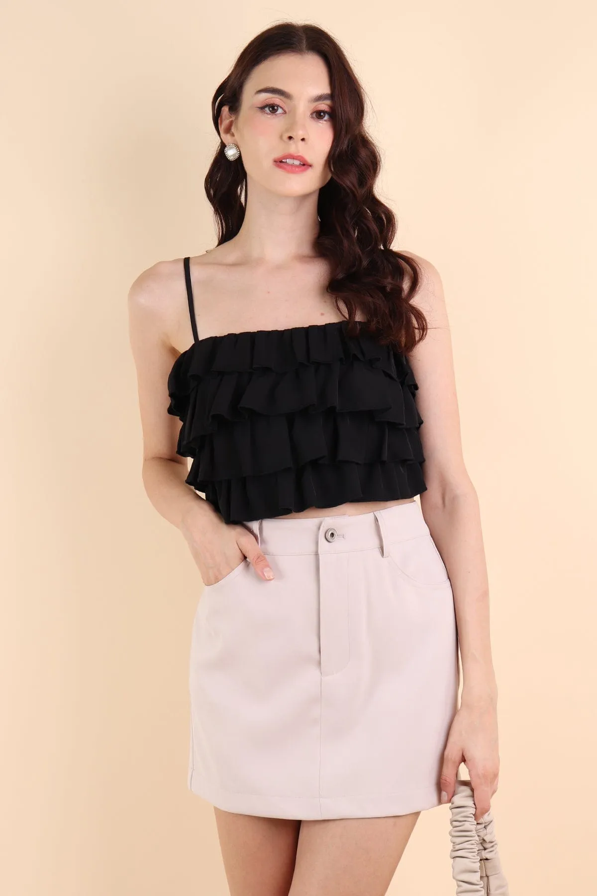 GEORGIA TIER RUFFLE TOP IN BLACK