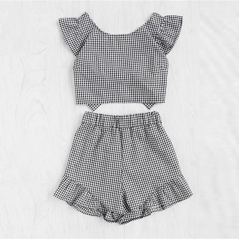 GINGHAM RUFFLED BOW SHORTS SET