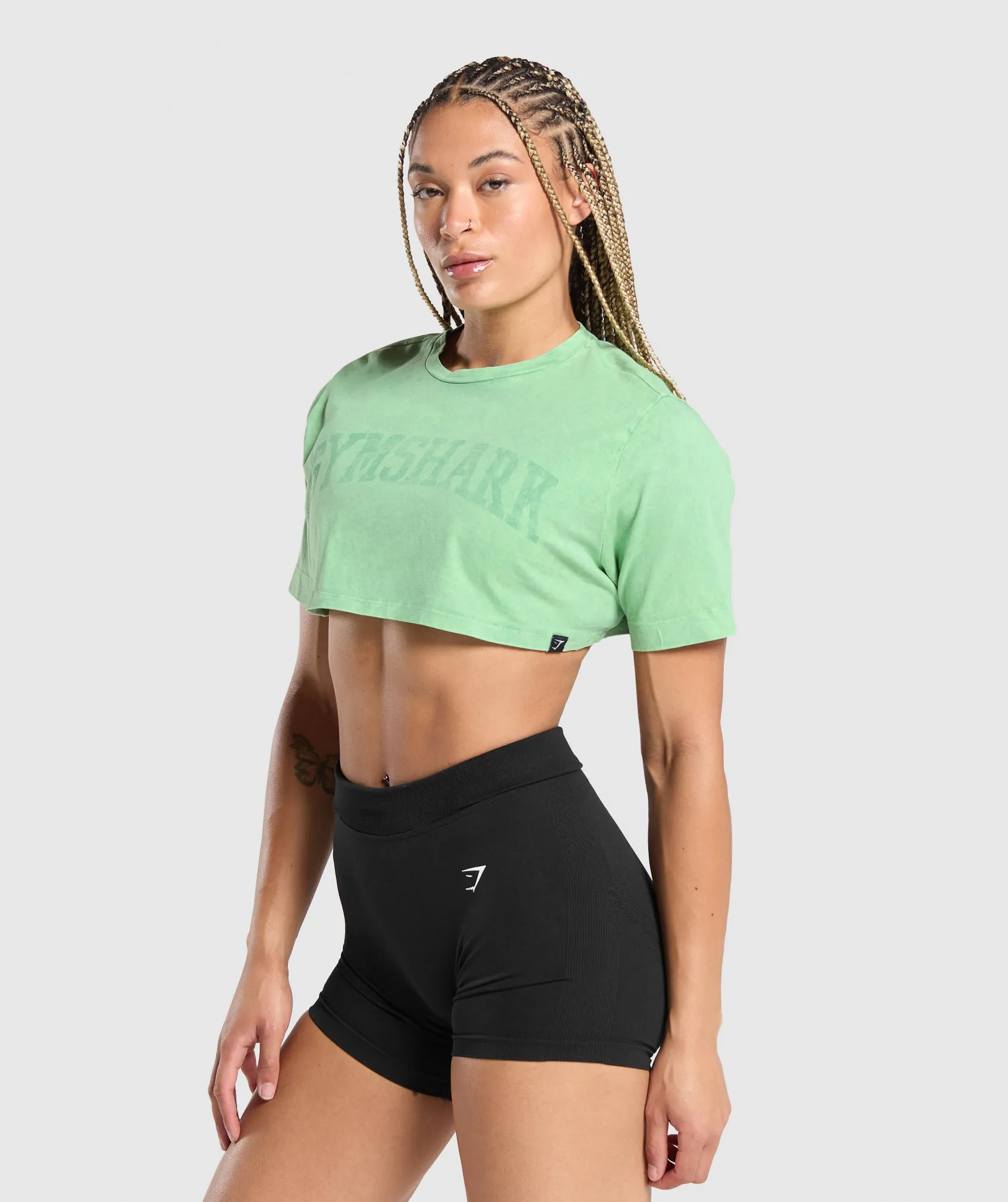 Gymshark Collegiate Shadow Washed Crop Top - Lagoon Green