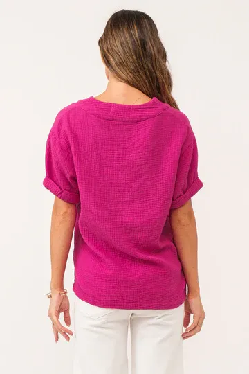 Jailee Rolled Sleeve Gauze Top