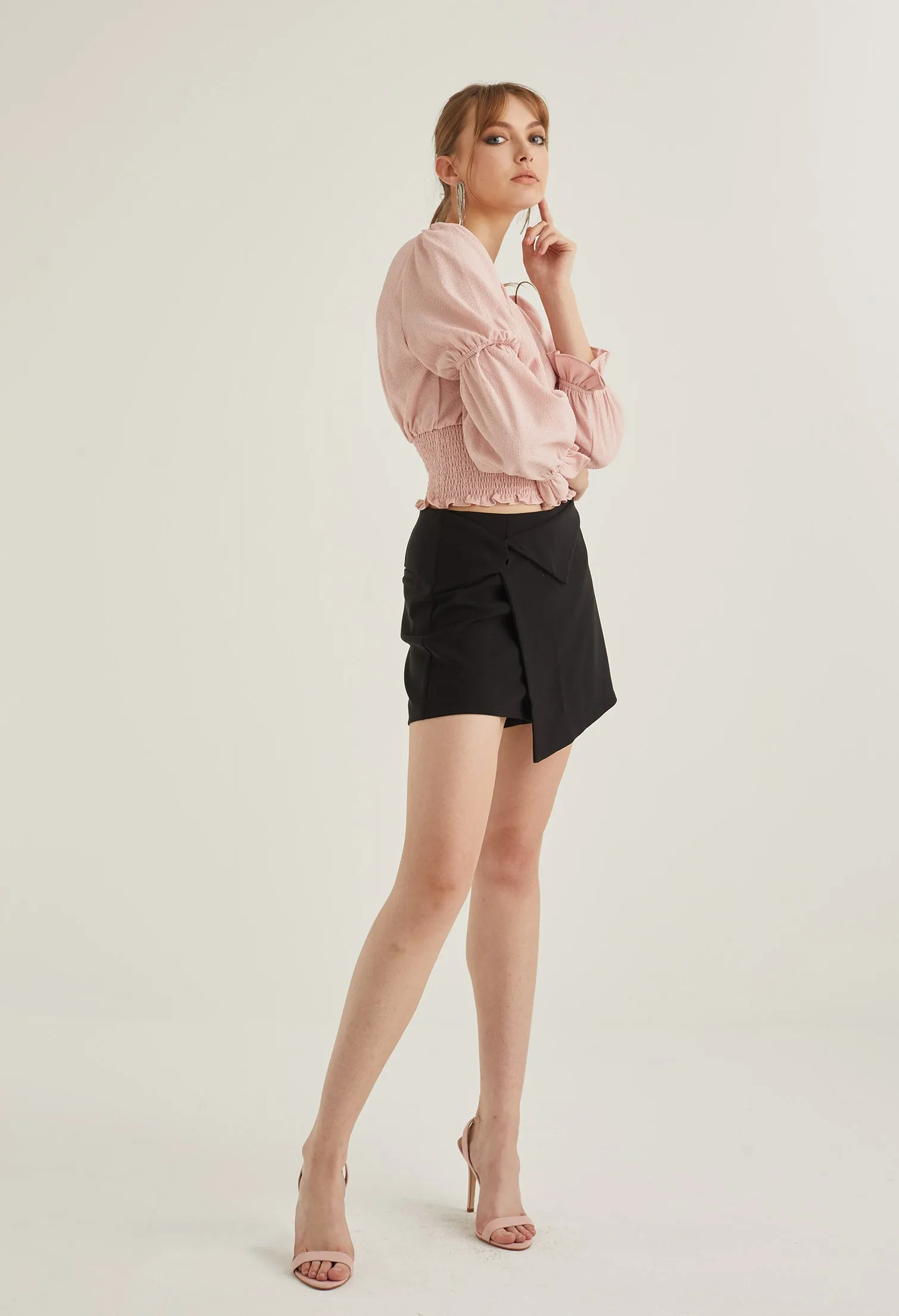 Key Hole Double Puff Sleeve Blouse