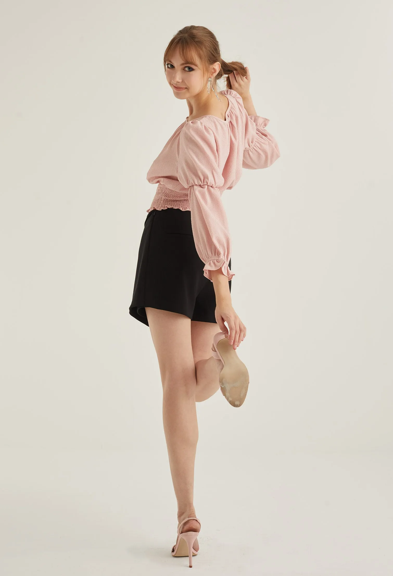 Key Hole Double Puff Sleeve Blouse