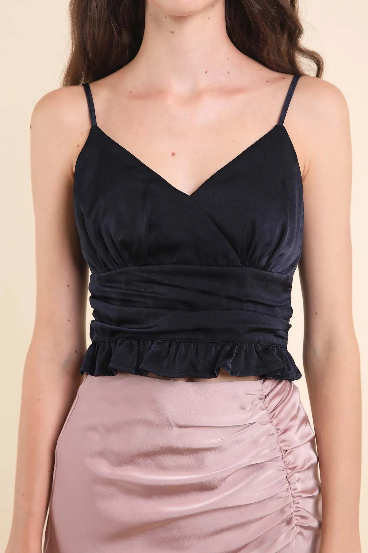 KIARA SWEETHEART SATIN RUCHED TOP IN MIDNIGHT NAVY