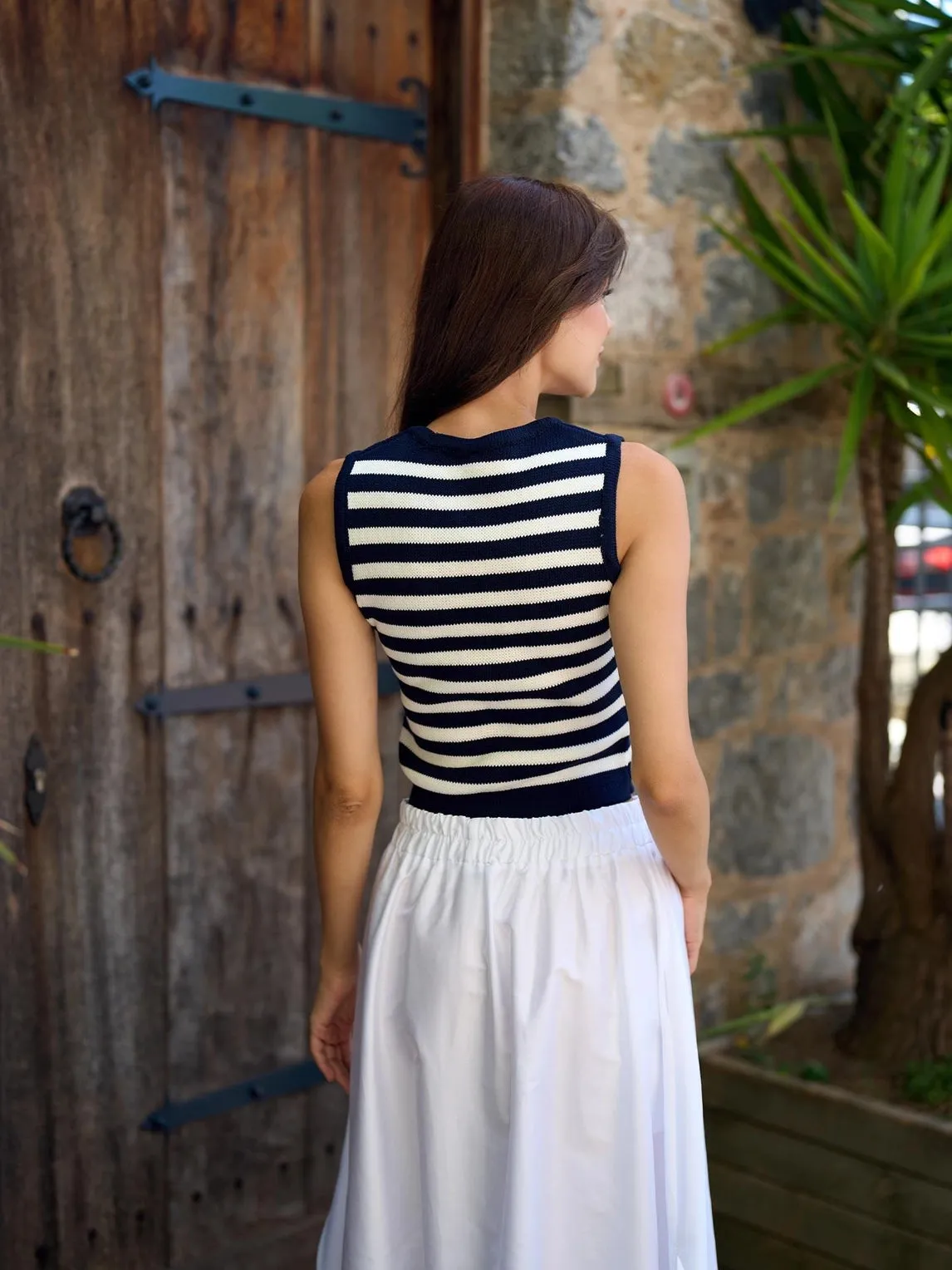 Navy Blue Stripe Gold Button Vest