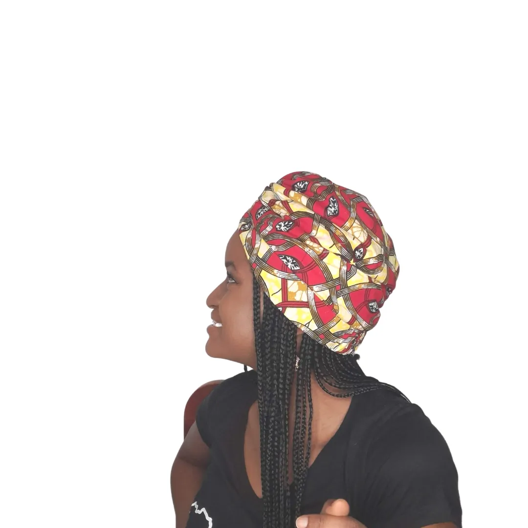 Ngaska African Print Satin Turban - Red and Yellow