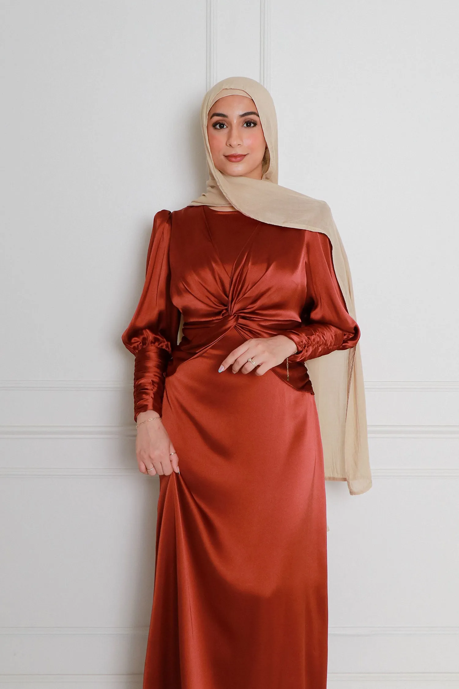 Olivia Wrap Satin Dress- Burnt Orange