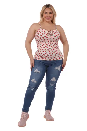 Plus Size Lace-Up Tank Ribbed Tops - Red & White Strawberry Hearts