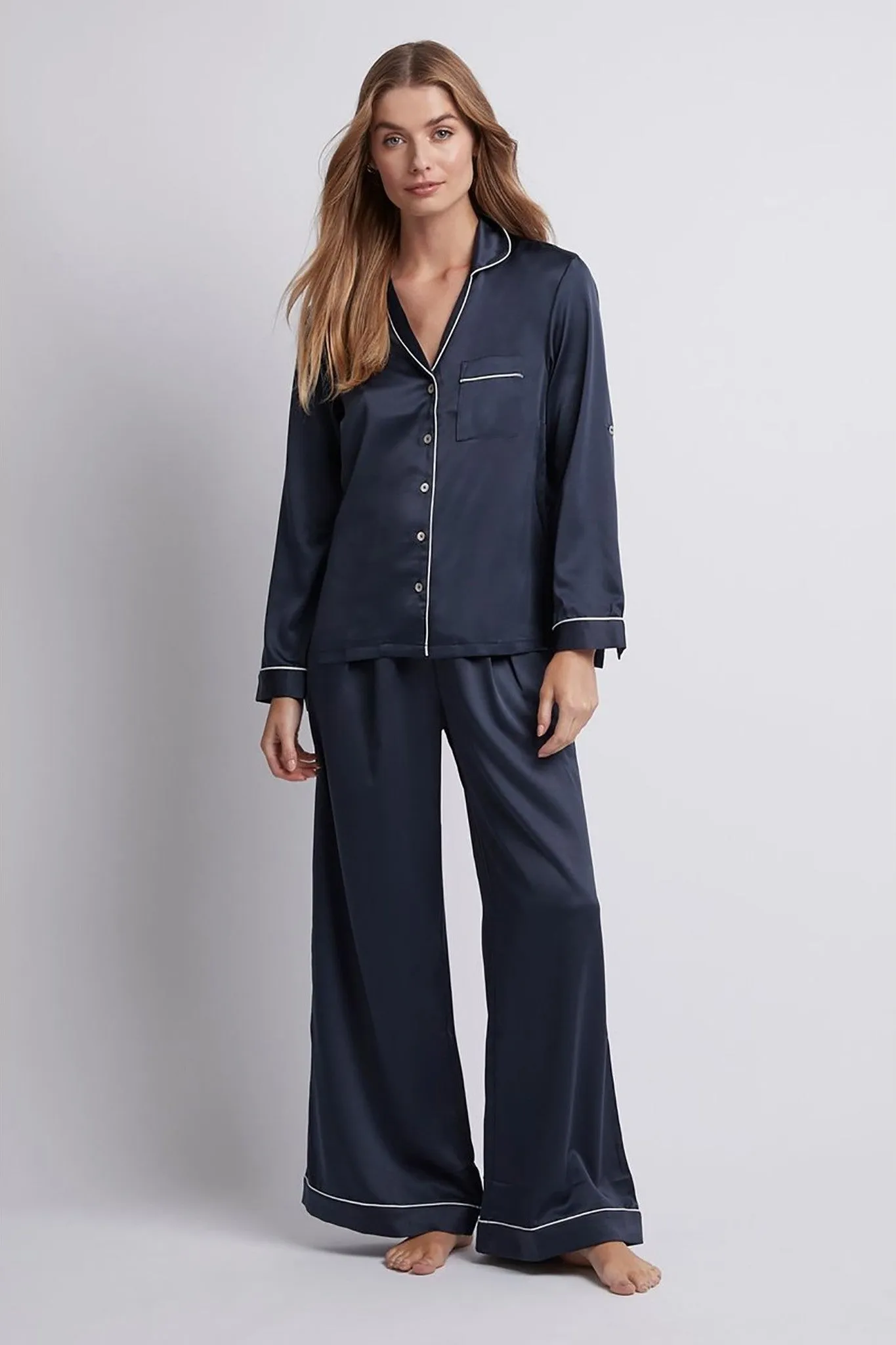 Sabrina Lounge Pyjama Set - Navy with White Piping