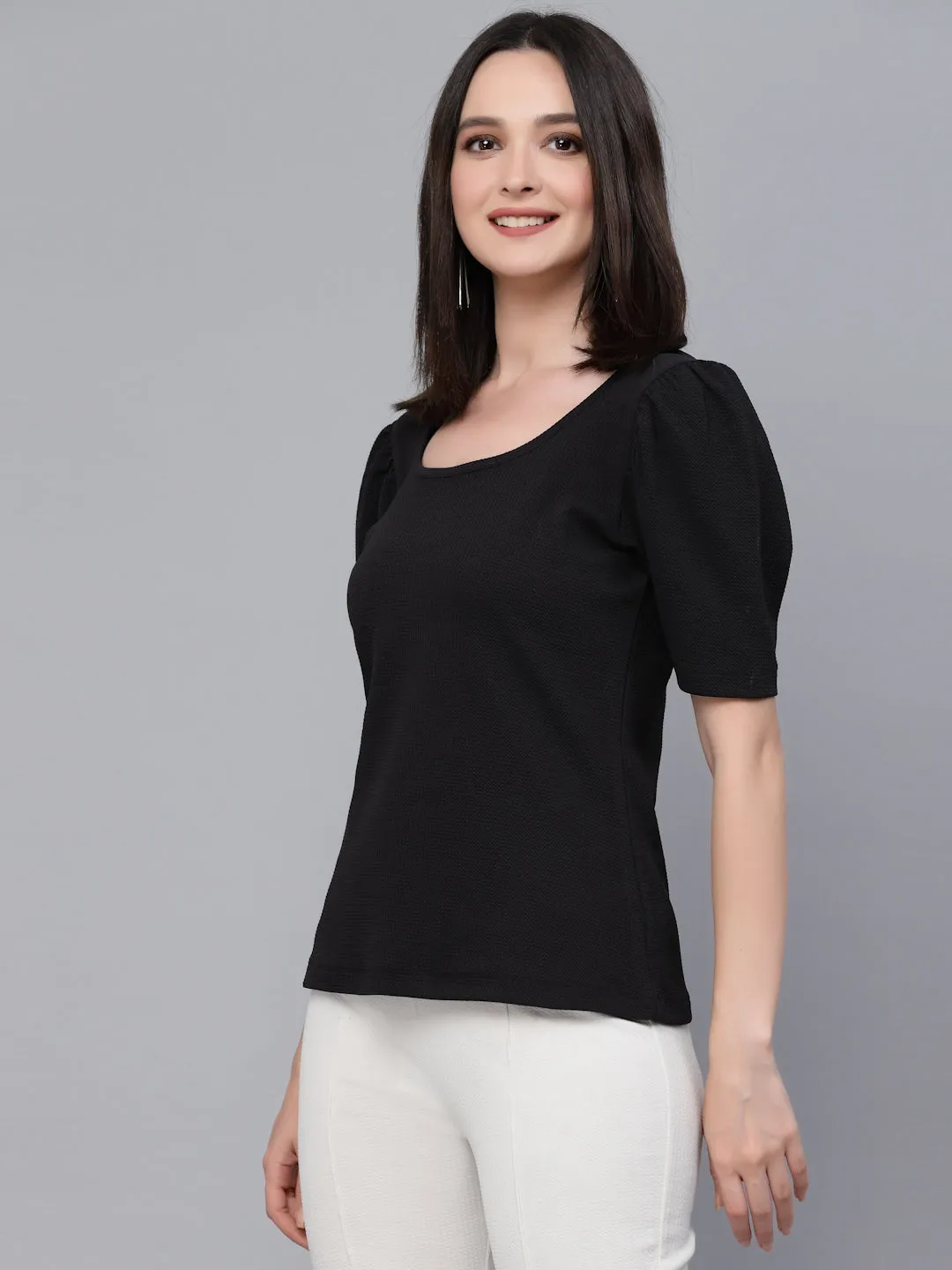 Style Quotient Women Black Poly Knit Smart Casual Top