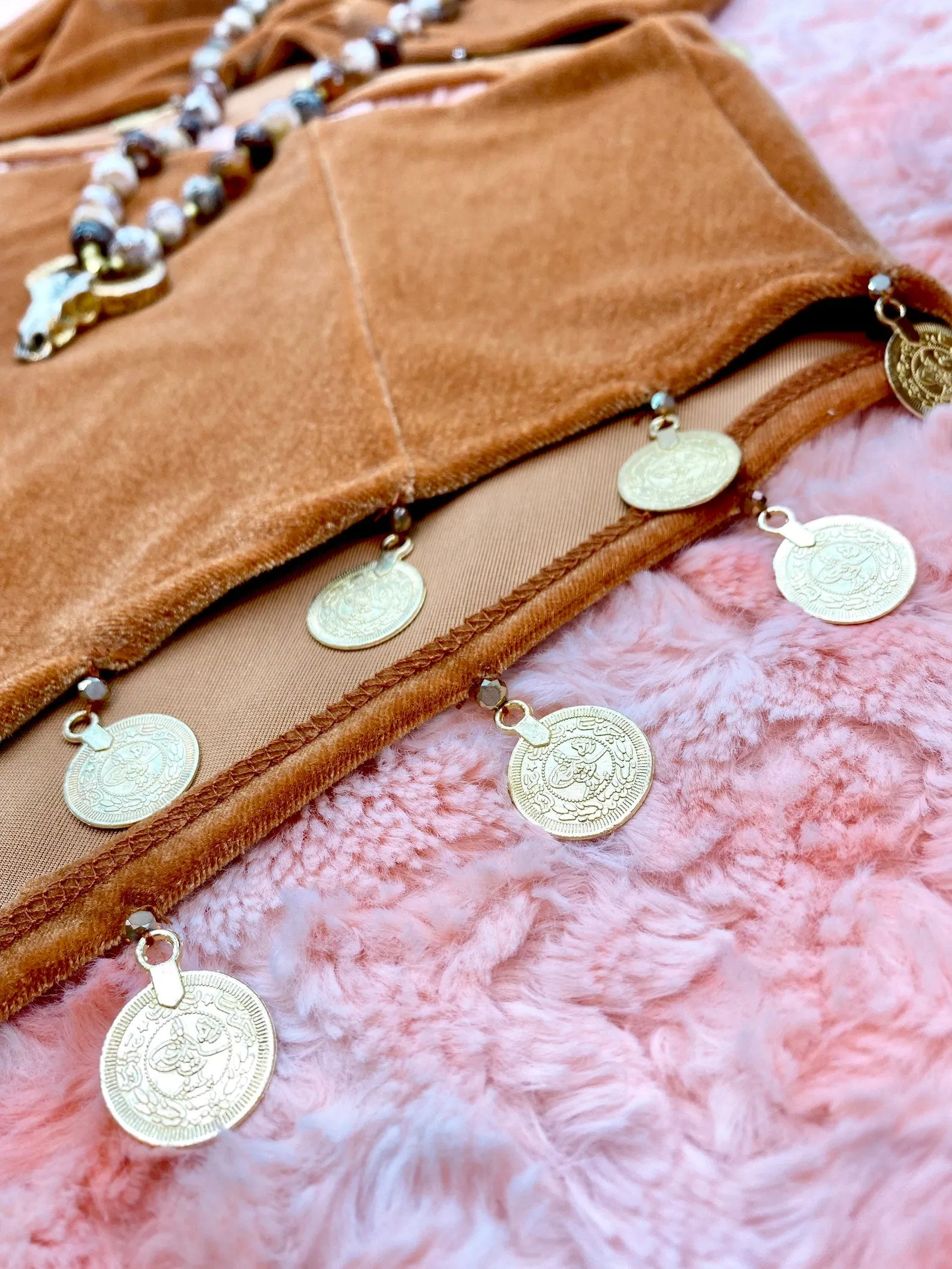 Toffee Brown Off Shoulder Velvet Beaded Coin Top