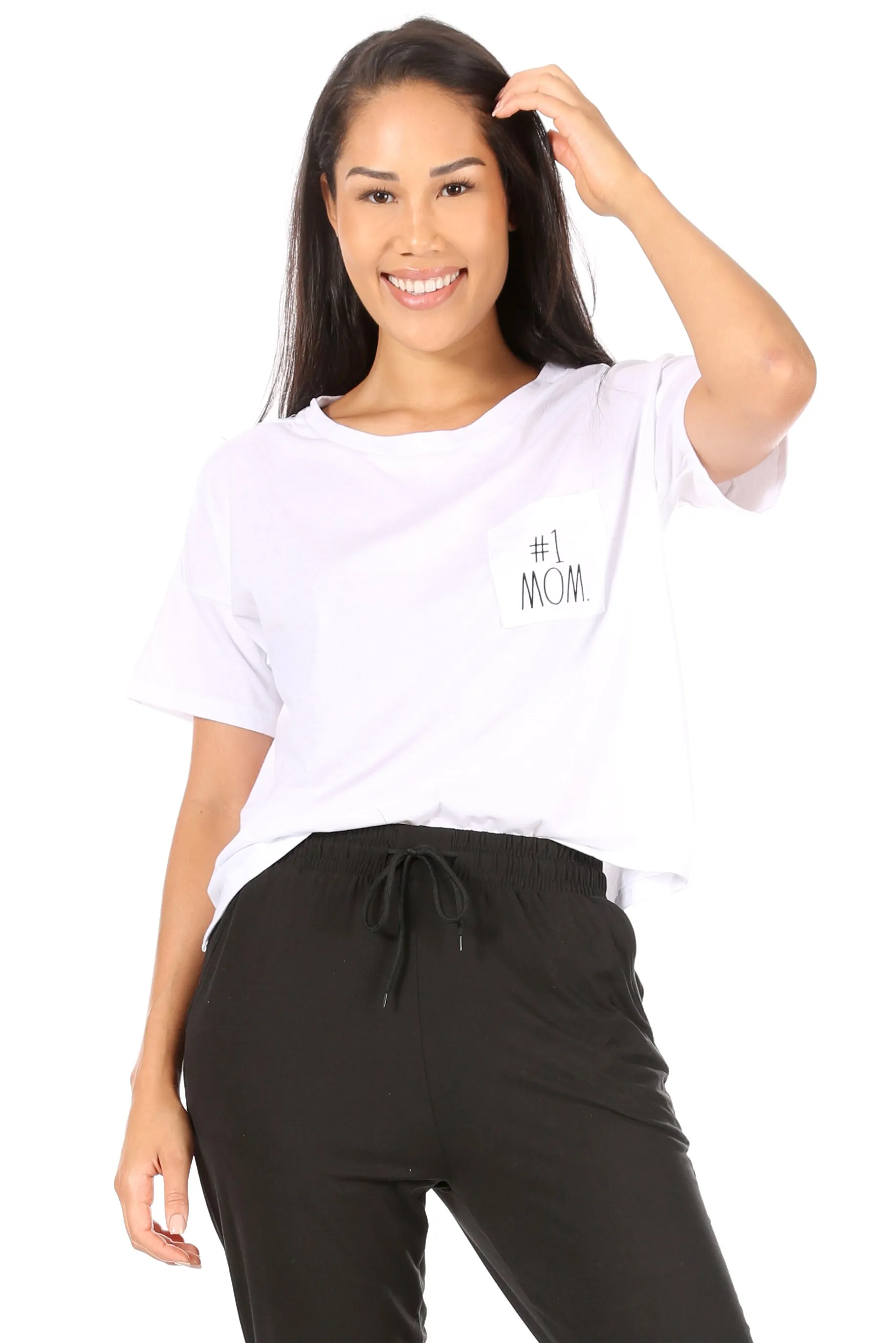 Women's "#1 MOM" Short Sleeve Boxy T-Shirt with Pocket