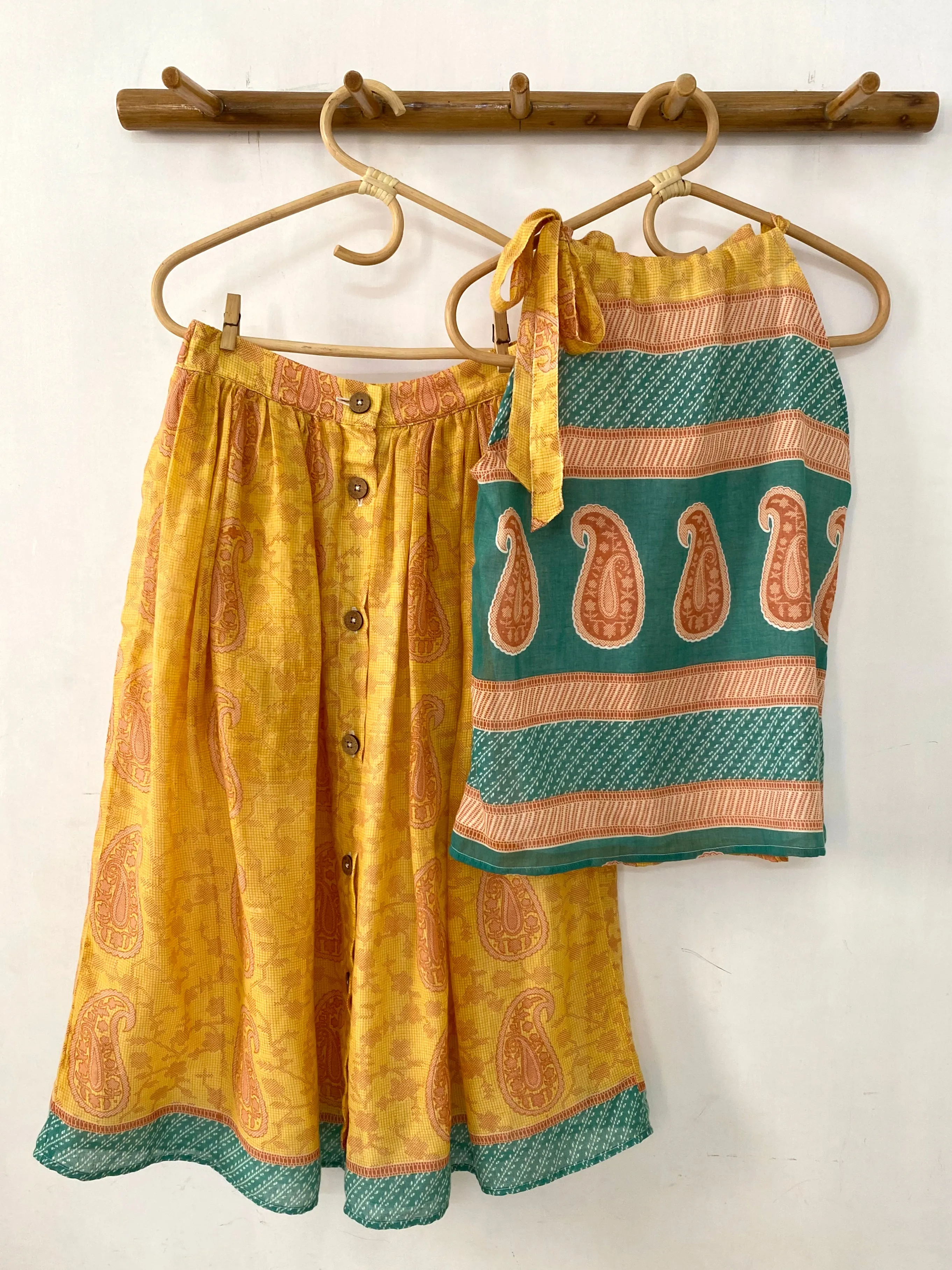 Yellow with Brown Paisley Tie-Neck Halter Top - XS